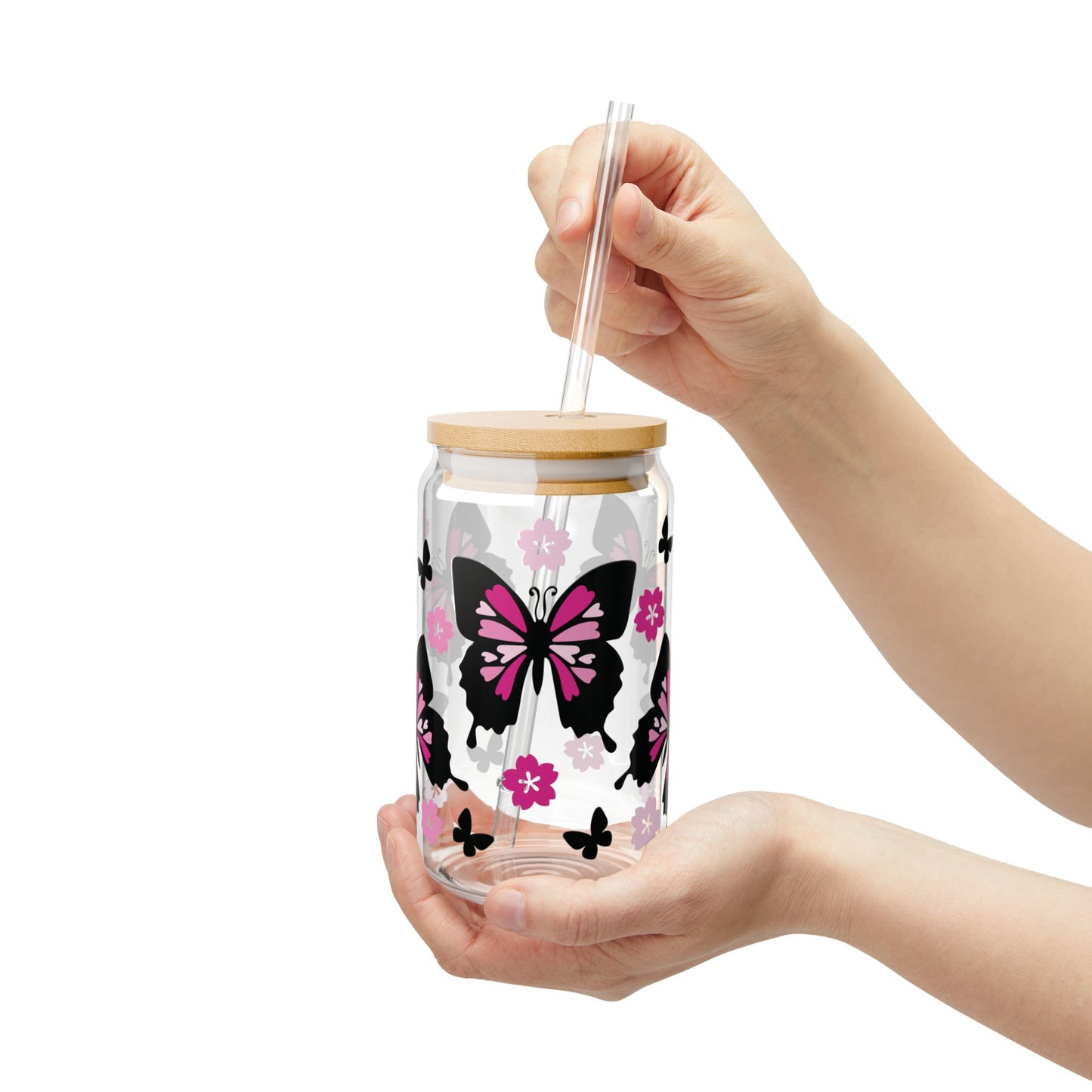 Butterfly-Themed Glass Sipper, Stylish Drinkware, Eco-Friendly Cup, Floral Design, Perfect for Parties, Gifts, Home Decor, Summer Sip