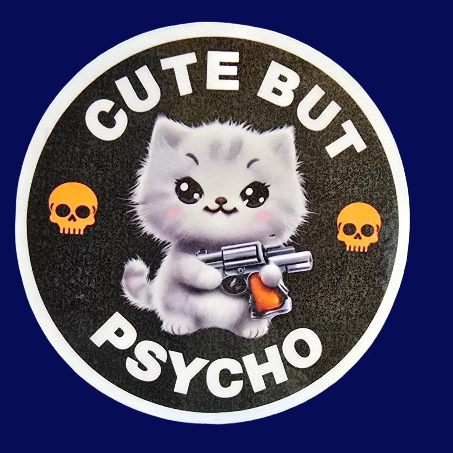 Cute But Psycho Cat Sticker, Edgy Funny Kitty Decal, Dark Humor Vinyl Sticker, Cute Goth Gift for Laptop, Bottle, or Notebook - Designs by Mysh