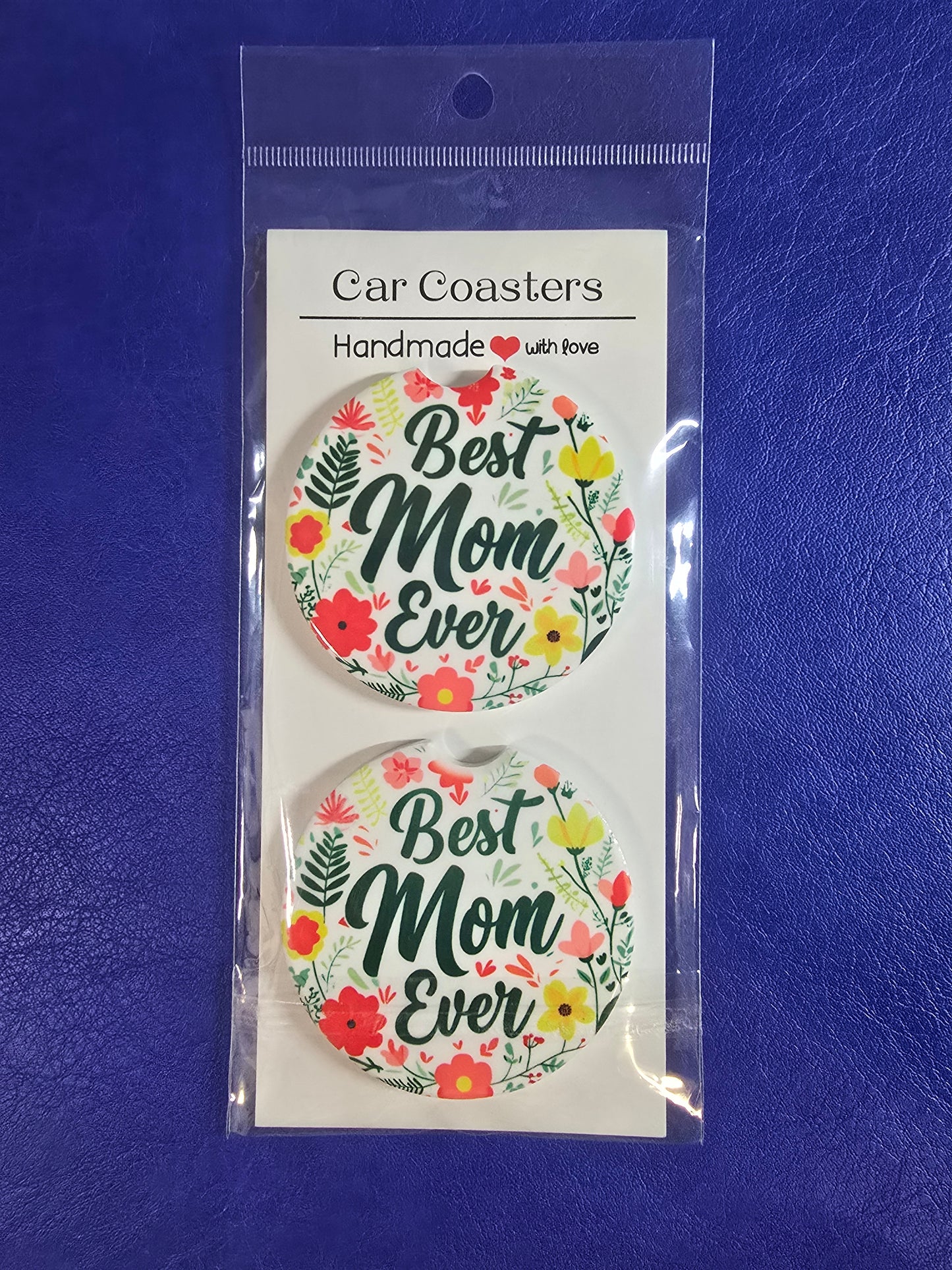 Best Mom Ever Ceramic Car Coaster set of 2, Floral Ceramic Car Accessory, Mother's Day Gift Idea, Absorbent Auto Cupholder Insert