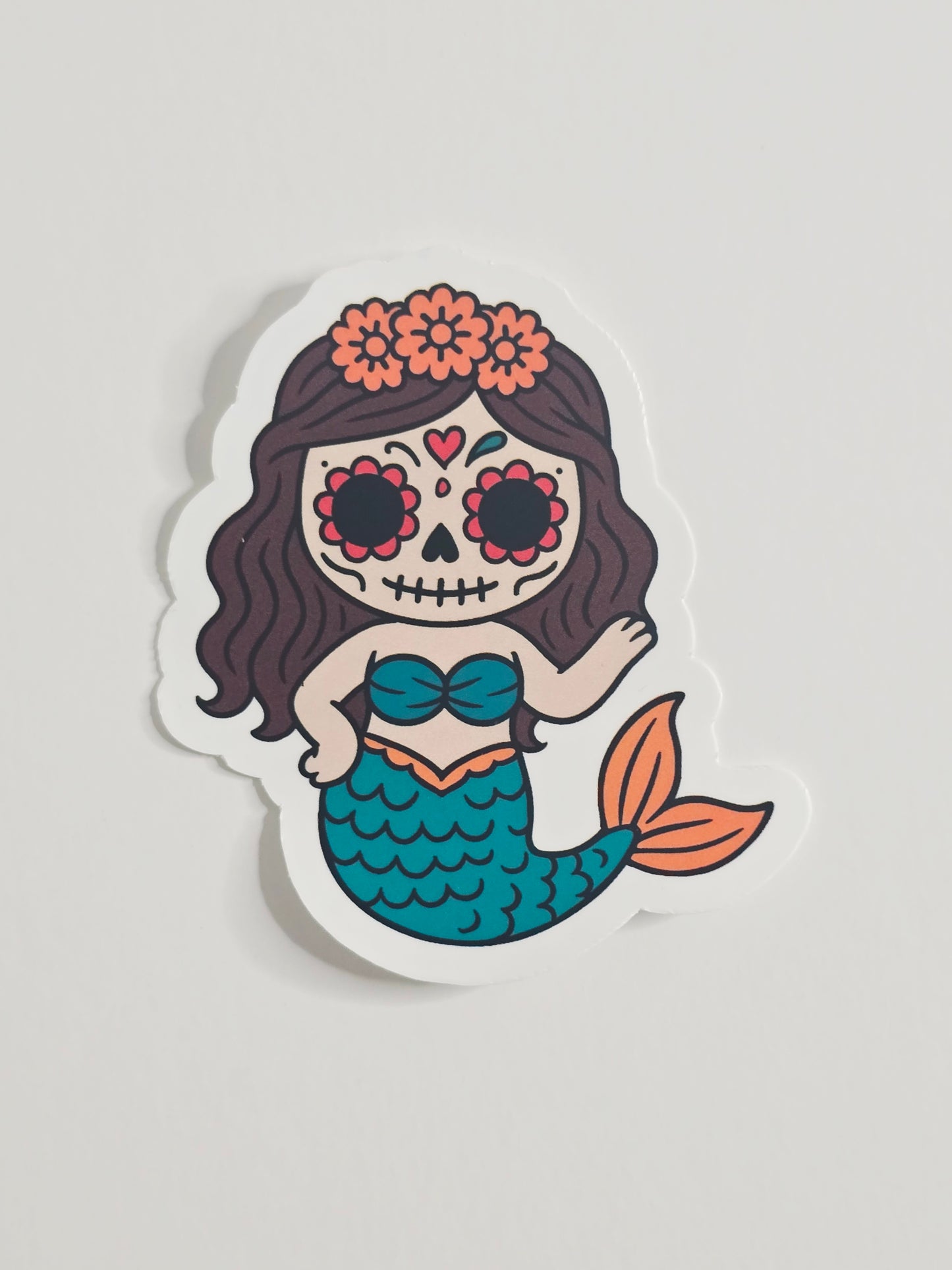 Sugar Skull Mermaid Sticker – Día de los Muertos Kawaii Sticker – 3" Die-Cut, Vinyl, Water-Resistant