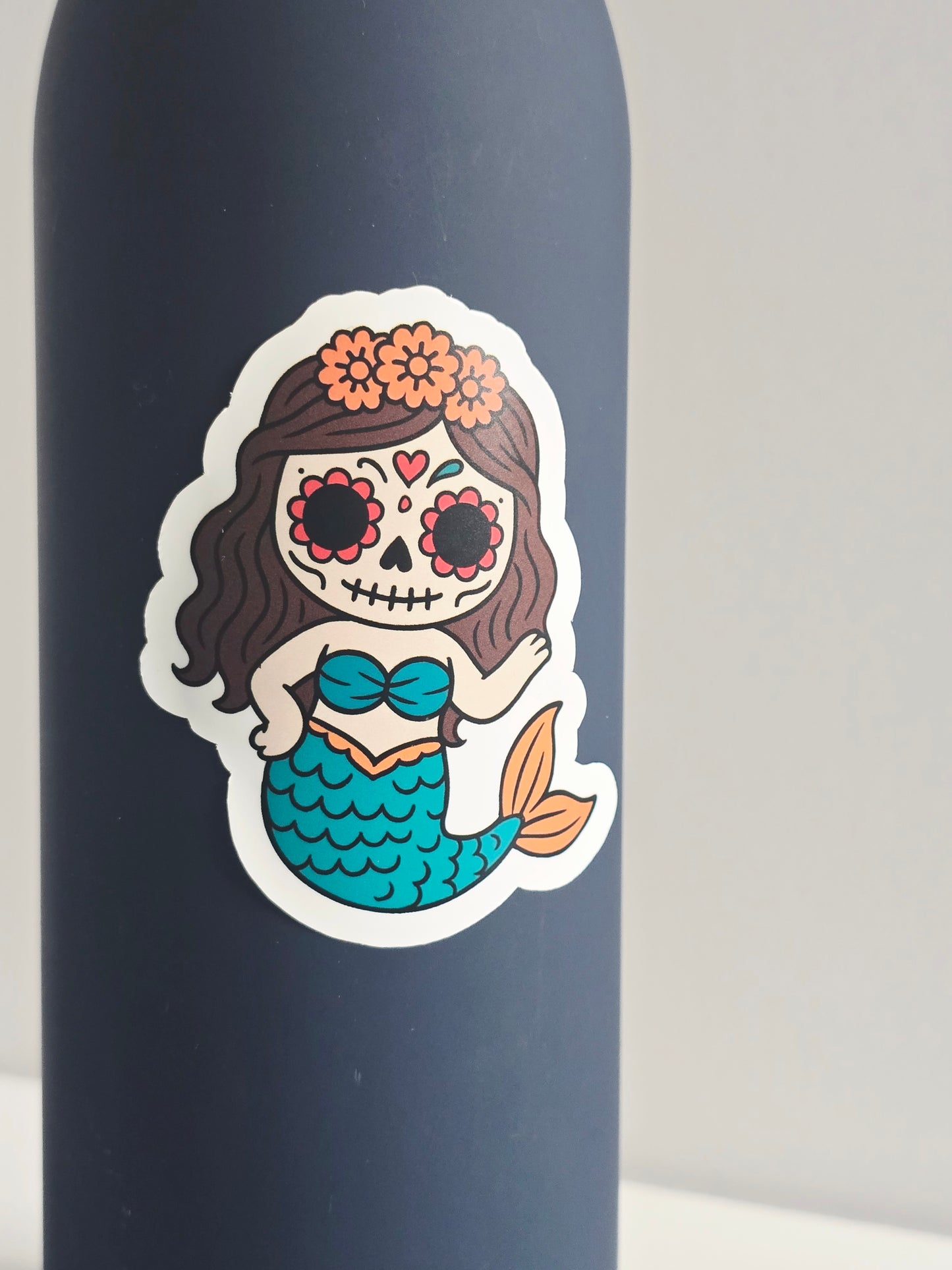 Sugar Skull Mermaid Sticker – Día de los Muertos Kawaii Sticker – 3" Die-Cut, Vinyl, Water-Resistant