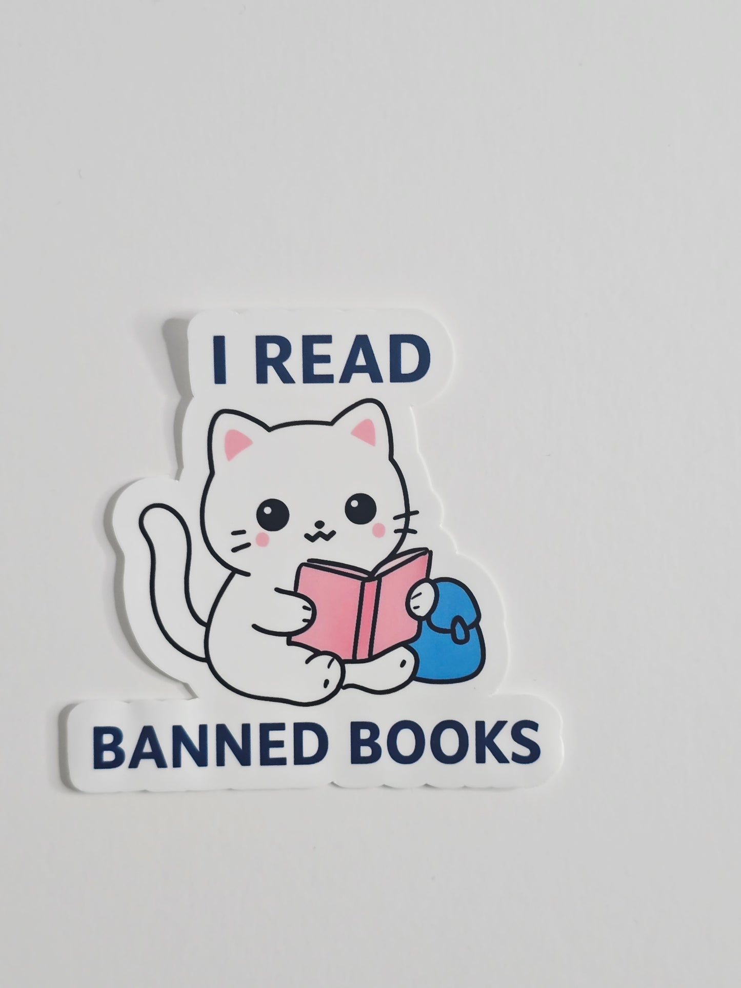 I Read Banned Books Sticker – Cute Cat Reading Vinyl Sticker – 3" Die-Cut, Water-resistant