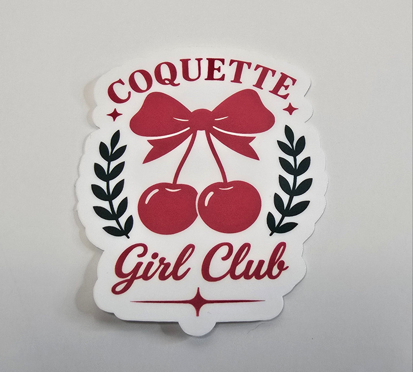 Coquette Girl Club Sticker – Cherries & Bow Aesthetic Vinyl Decal | 3-Inch Die Cut, Water-resistant