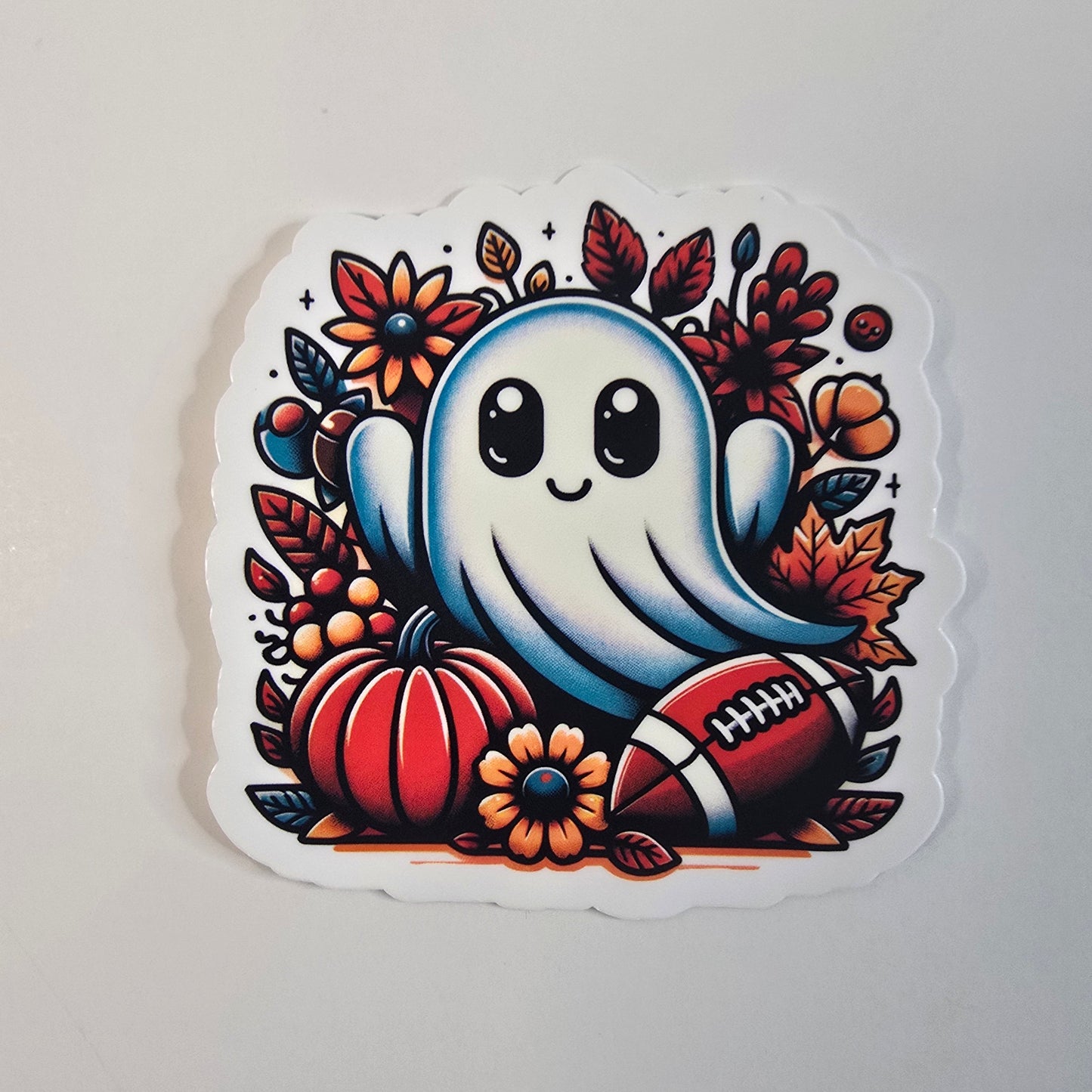 Football Fall Ghost Sticker – Cute Halloween Vinyl Die-Cut | 3" Autumn Ghost with Pumpkins & Football