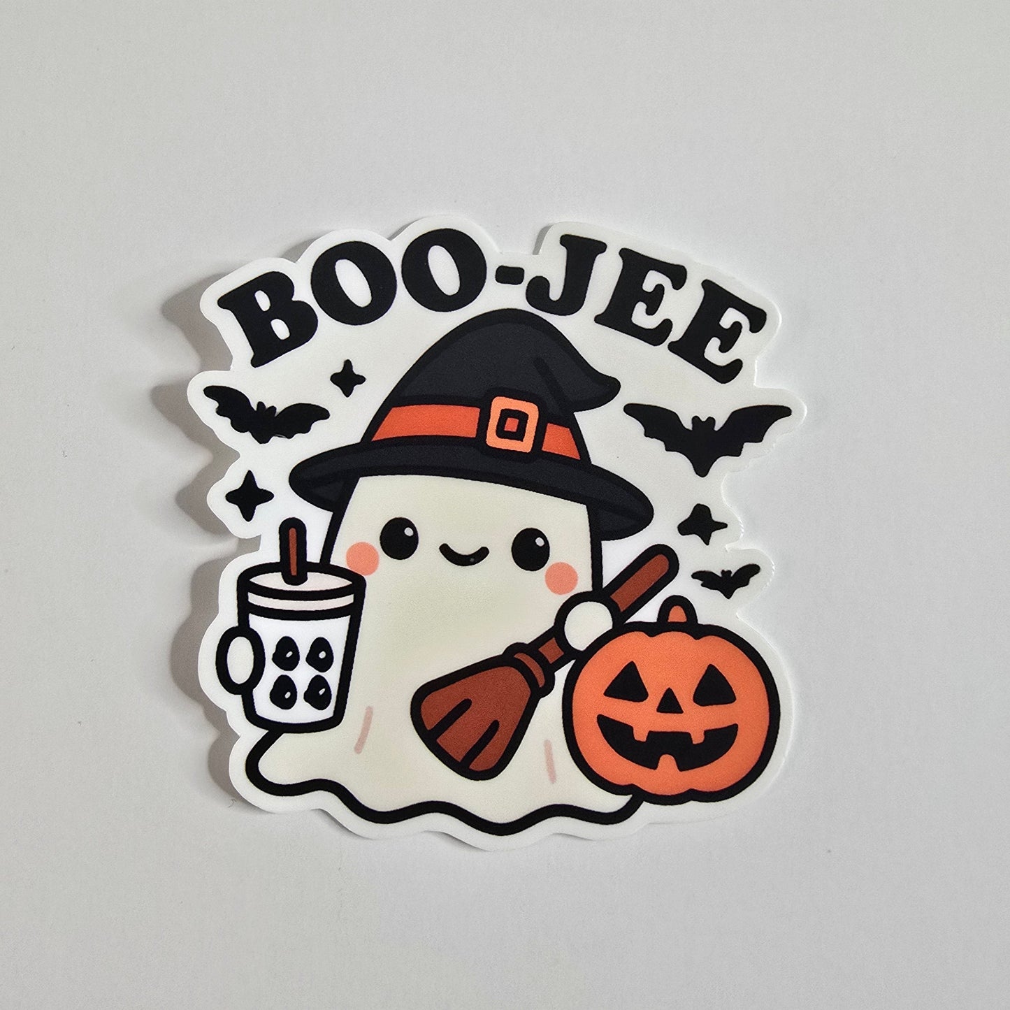 BOO-JEE Ghost Sticker – Cute Halloween Witch with Boba Tea Vinyl Decal (3")