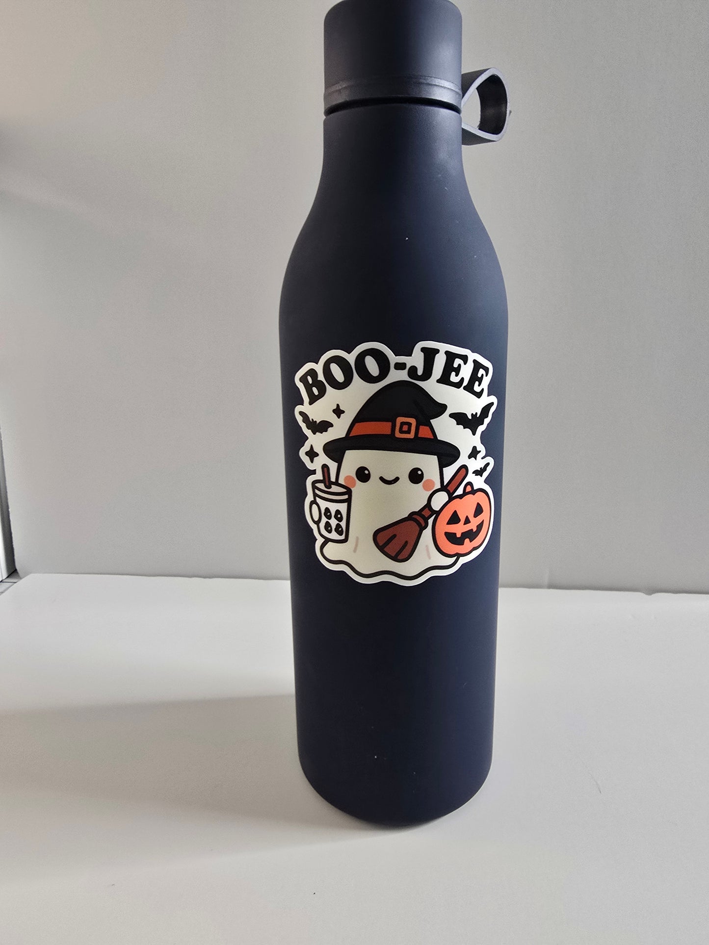 BOO-JEE Ghost Sticker – Cute Halloween Witch with Boba Tea Vinyl Decal (3")