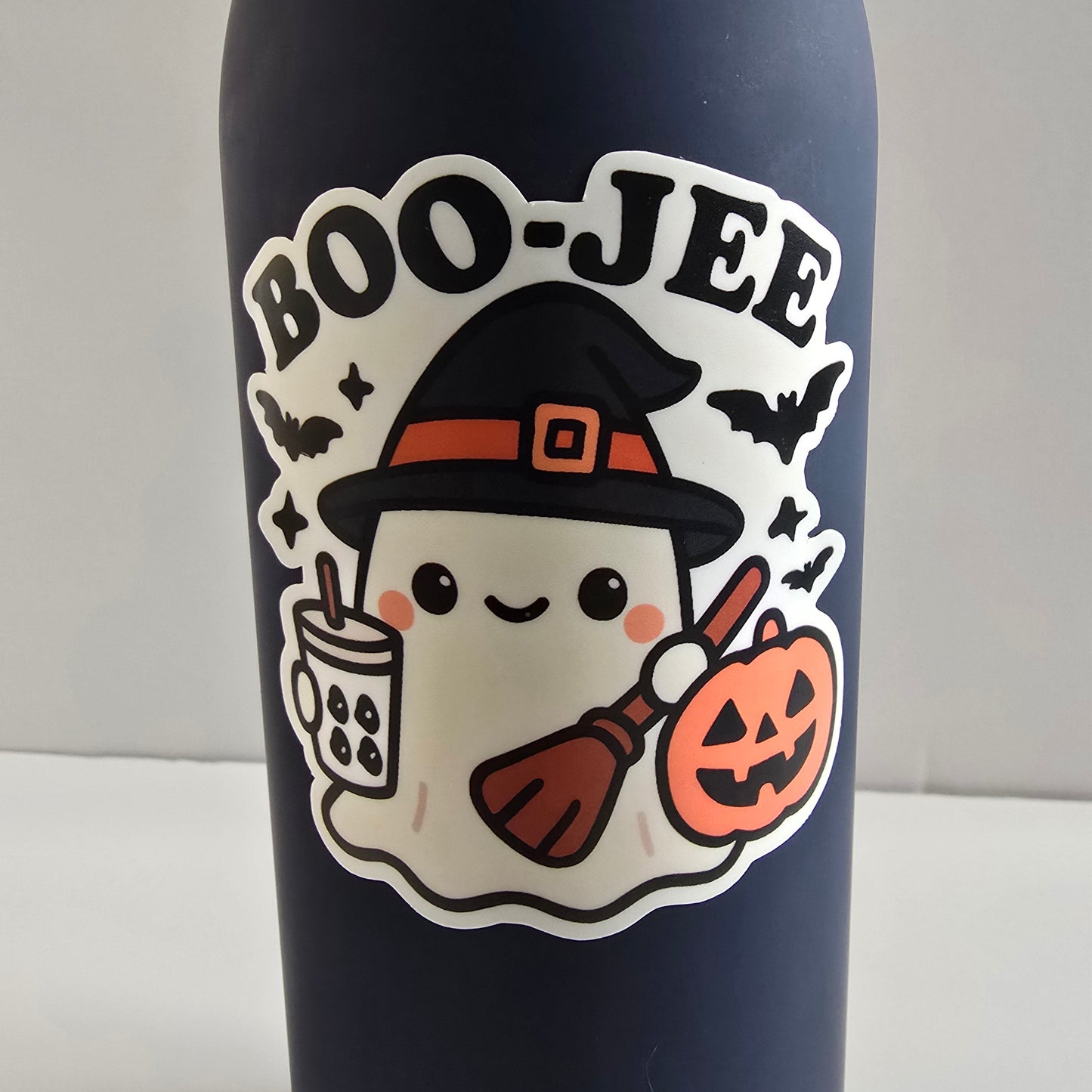 BOO-JEE Ghost Sticker – Cute Halloween Witch with Boba Tea Vinyl Decal (3")