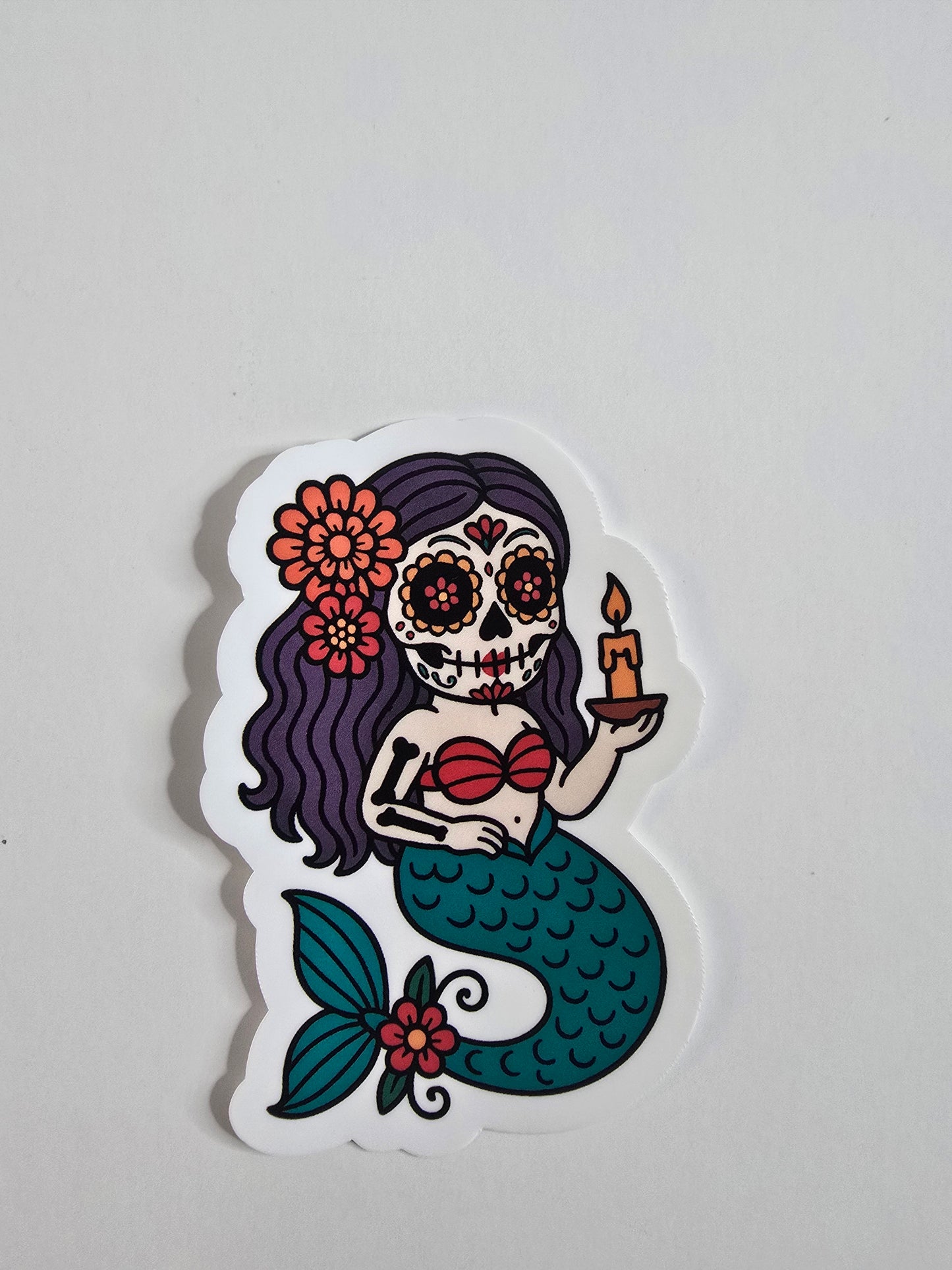 Sugar Skull Mermaid Sticker – Dia de los Muertos Vinyl Decal | 3-Inch Die Cut
