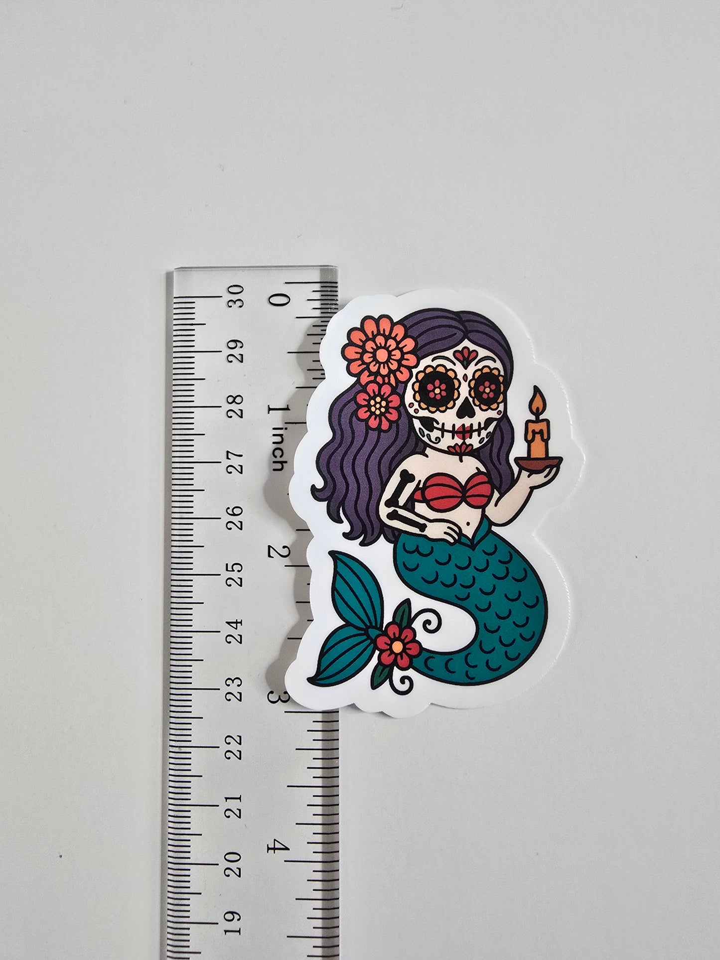 Sugar Skull Mermaid Sticker – Dia de los Muertos Vinyl Decal | 3-Inch Die Cut