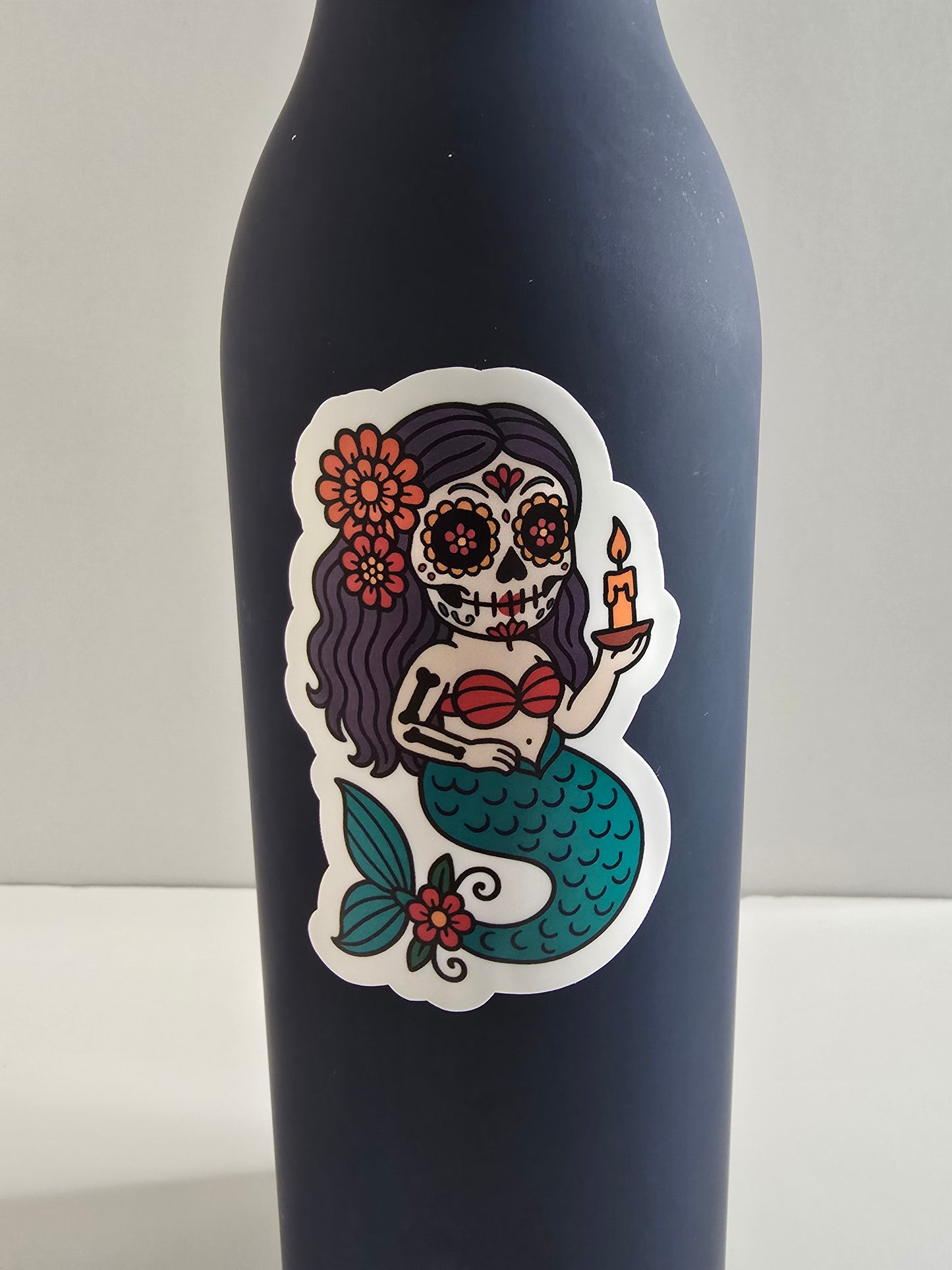 Sugar Skull Mermaid Sticker – Dia de los Muertos Vinyl Decal | 3-Inch Die Cut