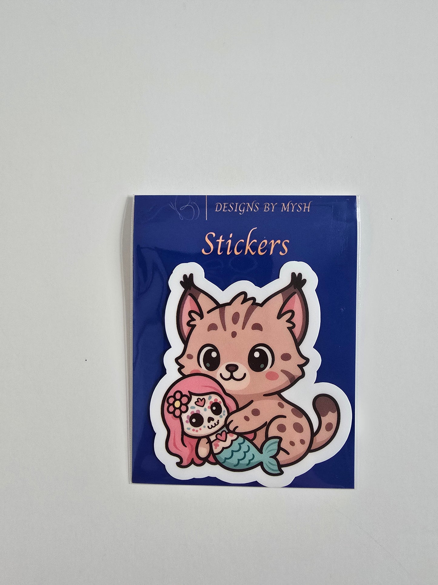 Lynx Hugging Mermaid Sticker – Cute Dia de los Muertos Animal Vinyl Decal | 3-Inch Die Cut