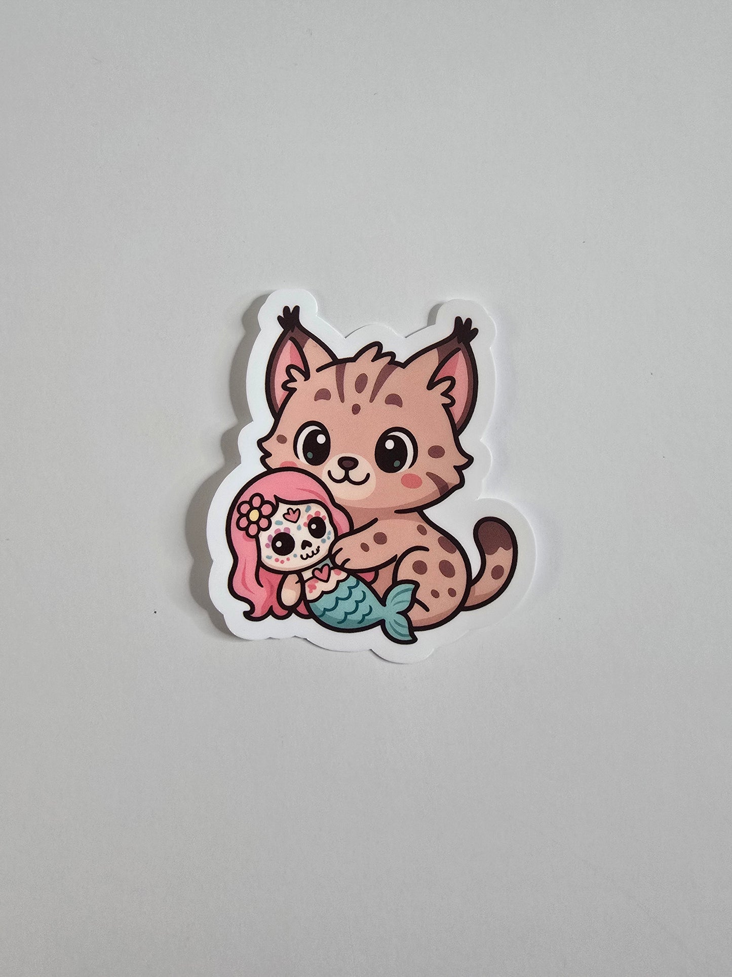 Lynx Hugging Mermaid Sticker – Cute Dia de los Muertos Animal Vinyl Decal | 3-Inch Die Cut