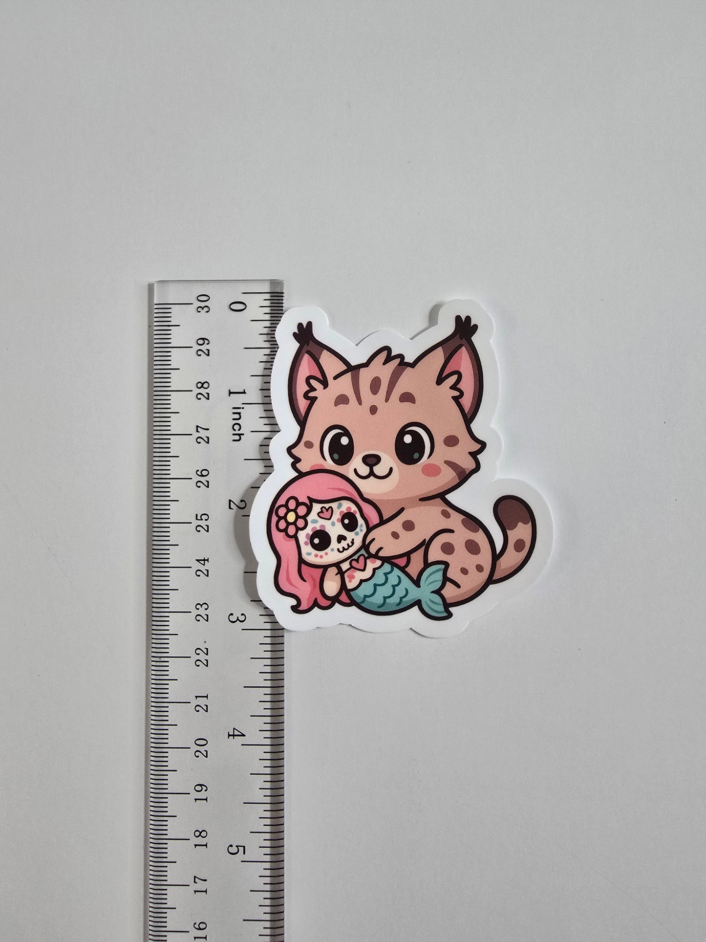 Lynx Hugging Mermaid Sticker – Cute Dia de los Muertos Animal Vinyl Decal | 3-Inch Die Cut