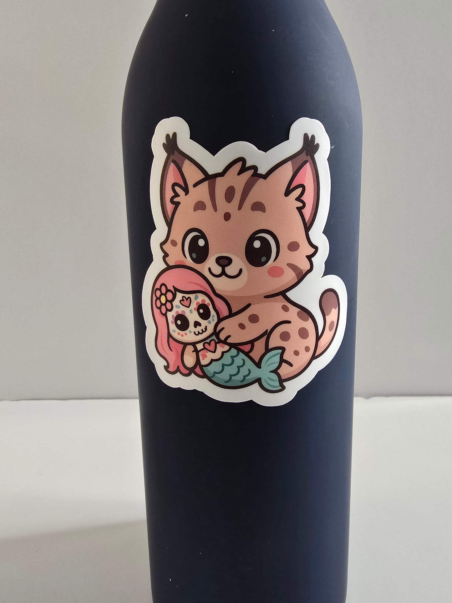 Lynx Hugging Mermaid Sticker – Cute Dia de los Muertos Animal Vinyl Decal | 3-Inch Die Cut