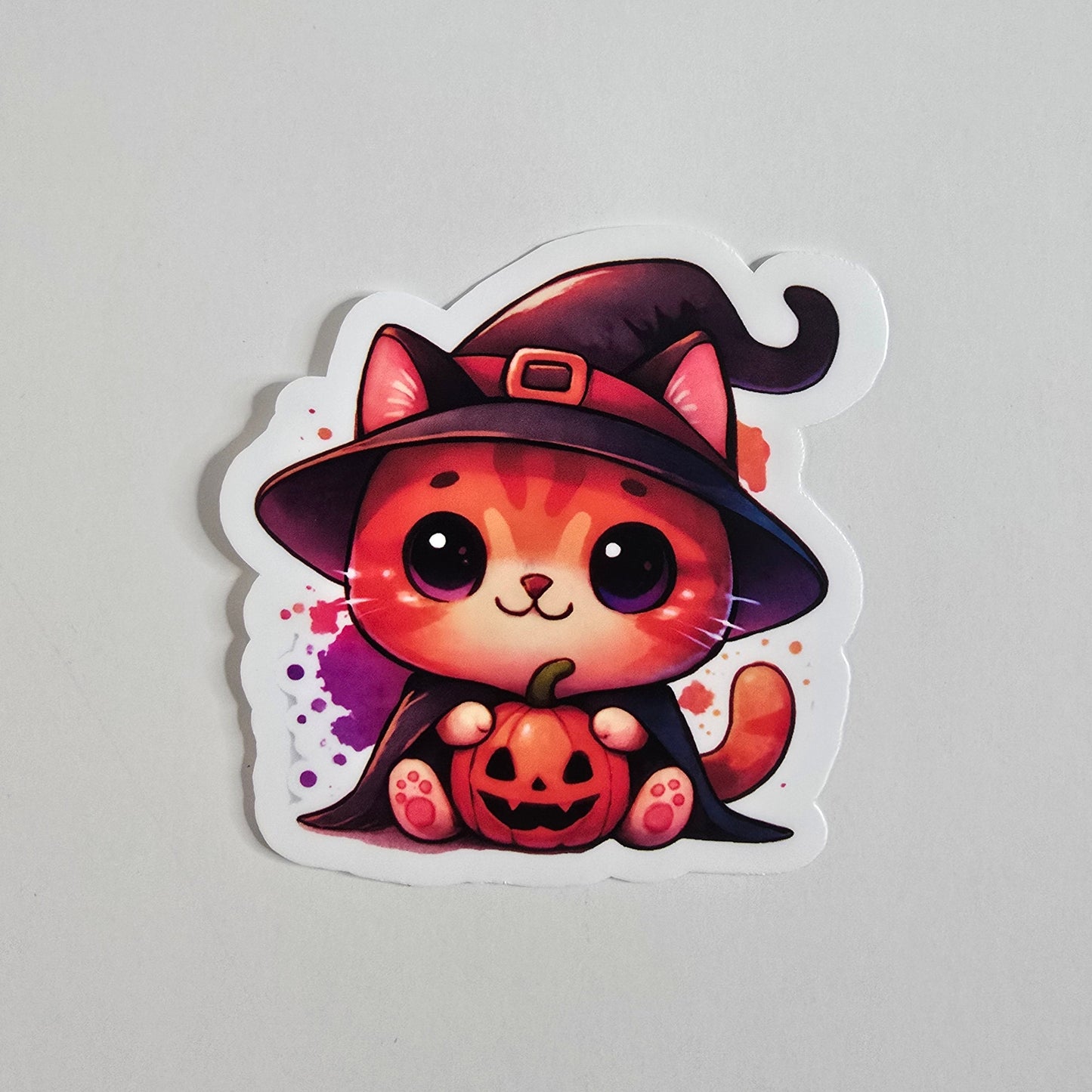 Halloween Witch Cat Sticker – Cute Orange Kitty with Pumpkin | 3-Inch Vinyl Die Cut