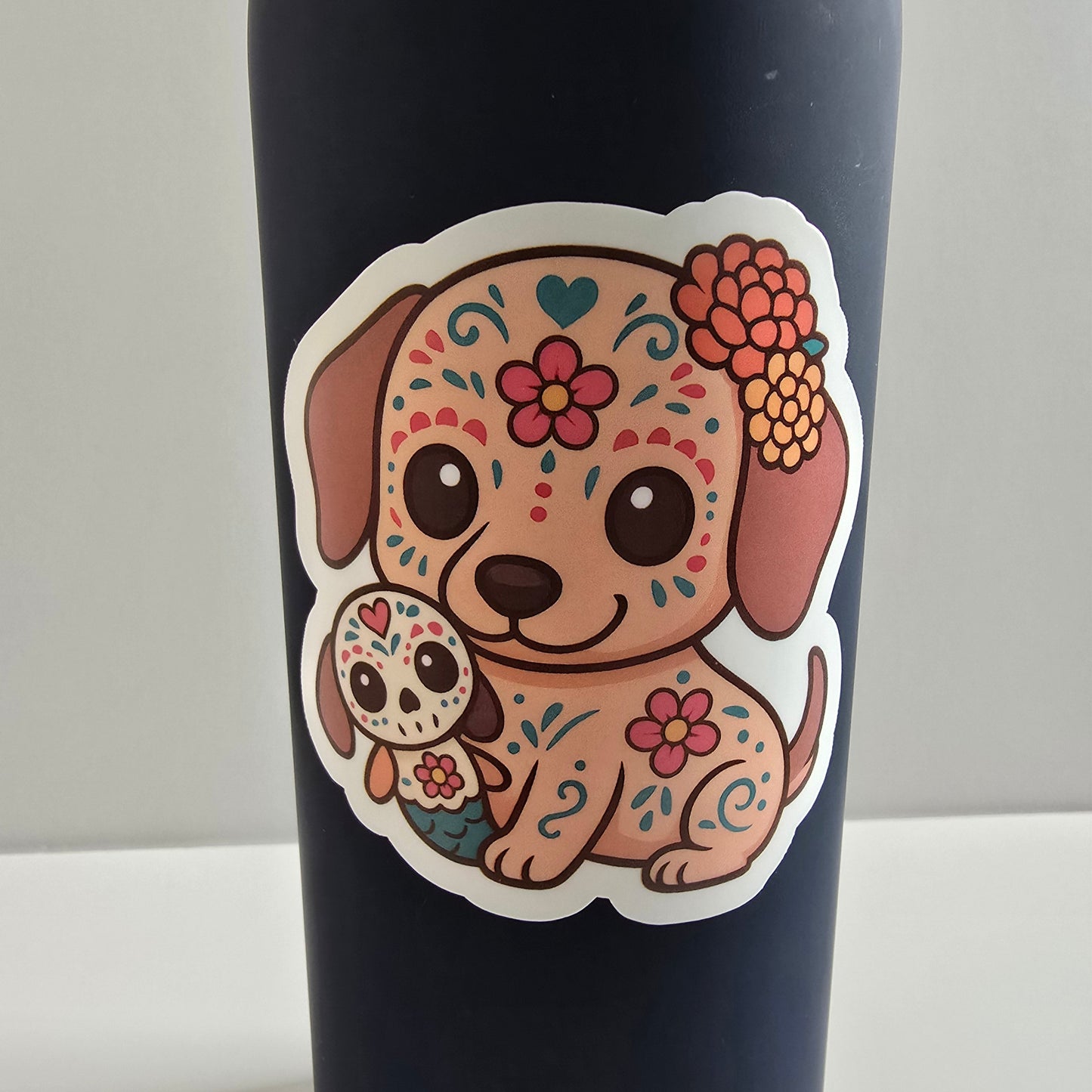 Day of the Dead Dog Sticker – Cute Sugar Skull Puppy Vinyl Decal (3") - Designs by Mysh