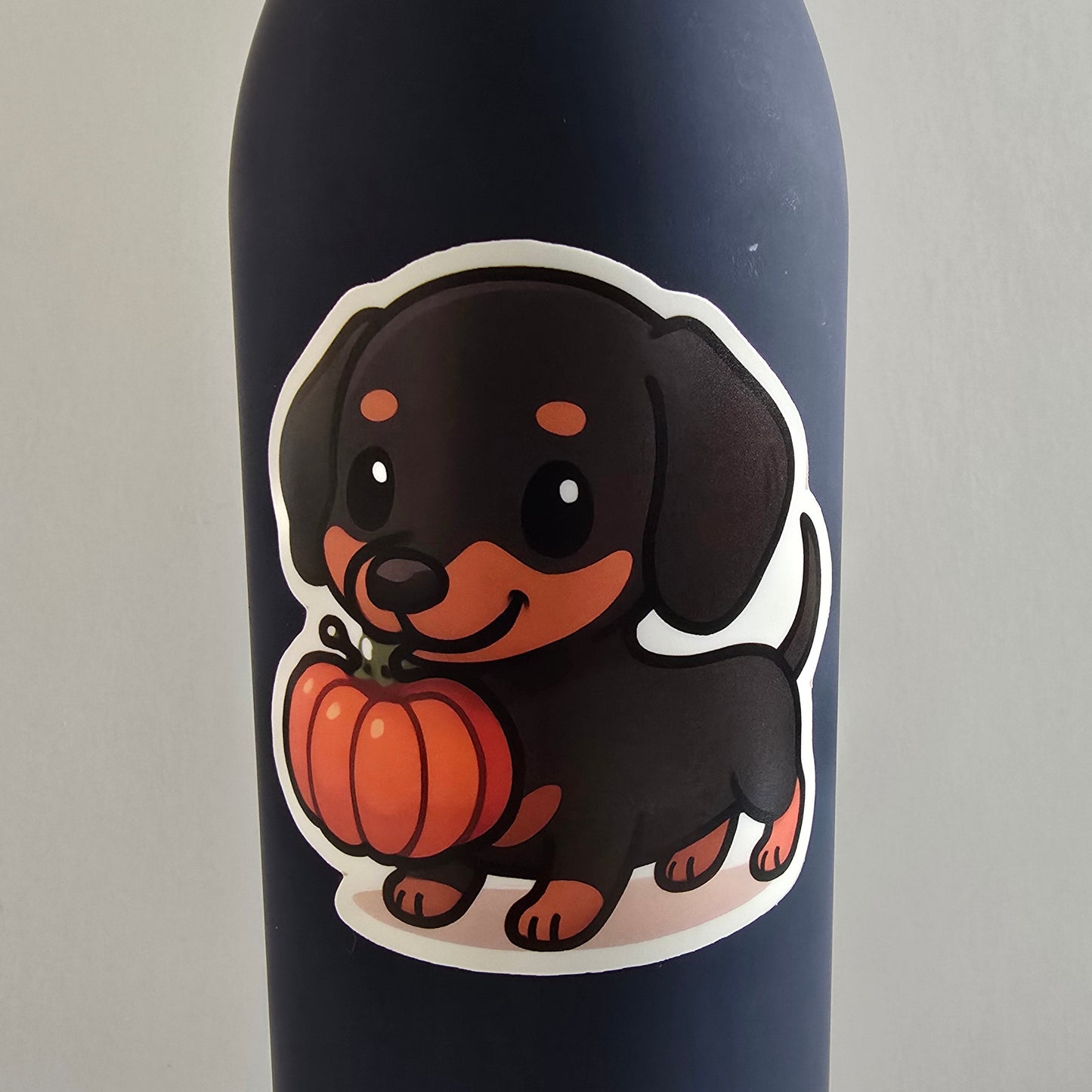 Halloween Dachshund Sticker – Cute Wiener Dog with Pumpkin (3") - Designs by Mysh