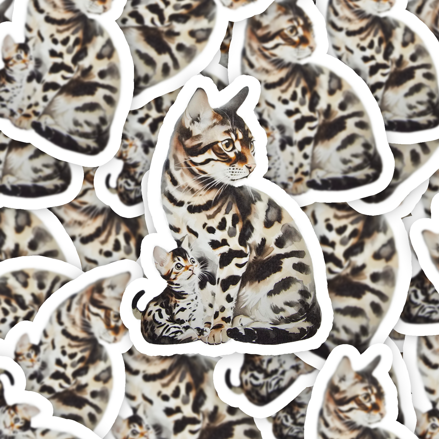 Bengal Cat Sticker, Spotted Mama & Kitten Art, Water-resistant Vinyl Decal, Exotic Cat Lover Gift, Laptop or Journal - Designs by Mysh