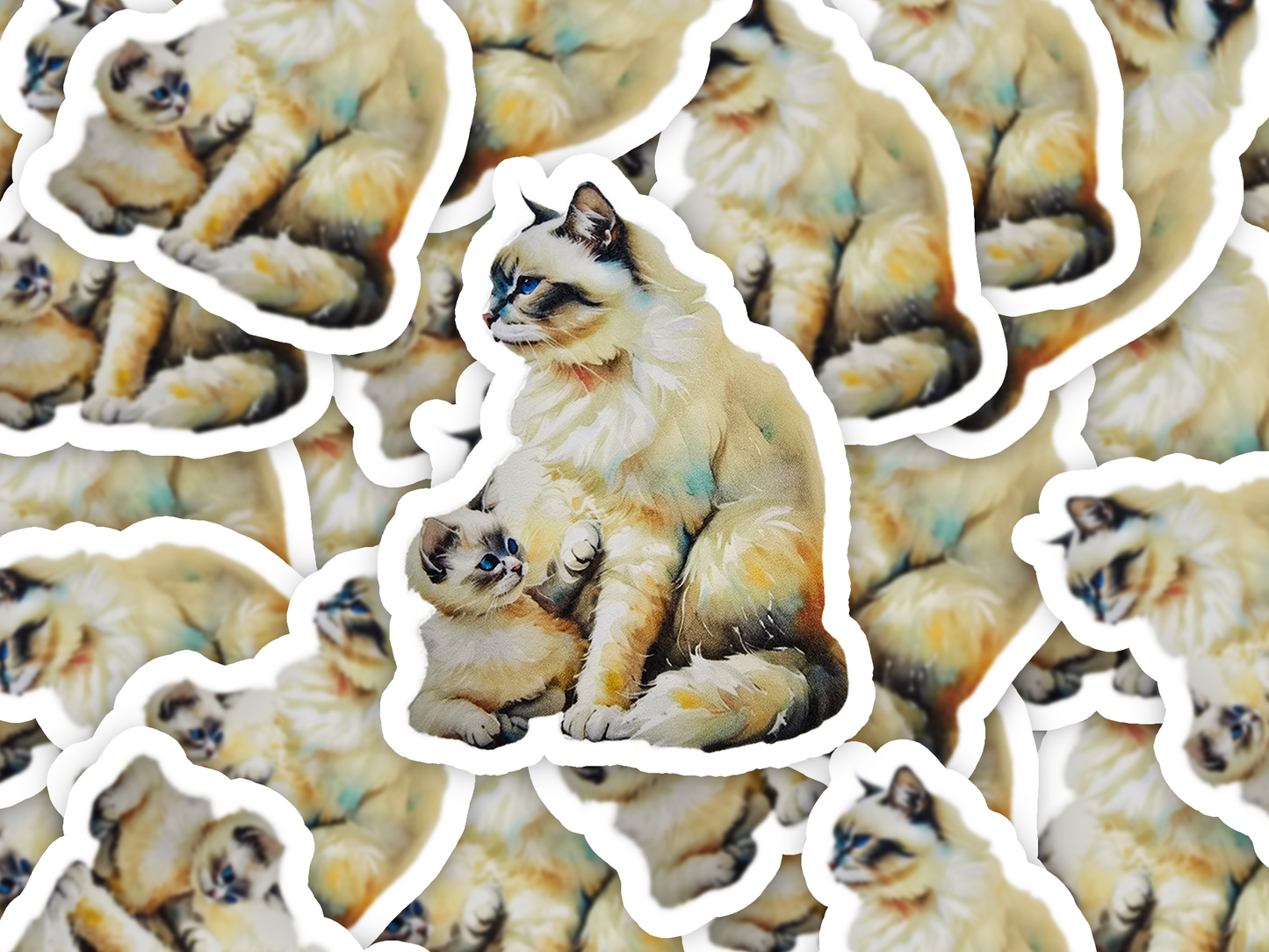 Birman Cat Sticker, Mama & Kitten Watercolor Art, Vinyl Cat Decal, Cute Cat Mom Gift, Laptop or Journal Decor