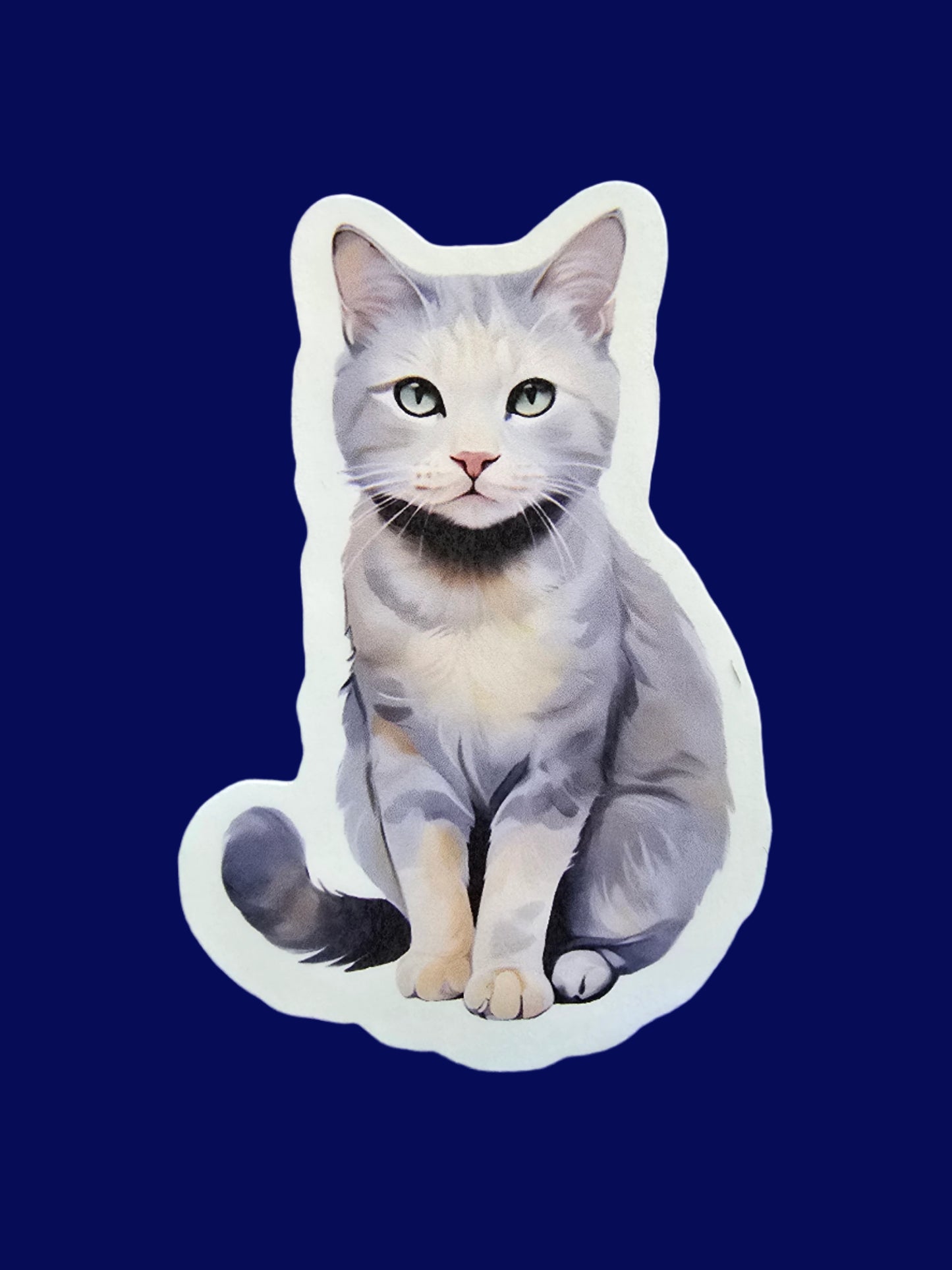 Cat-shaped sticker on a blue textured background
