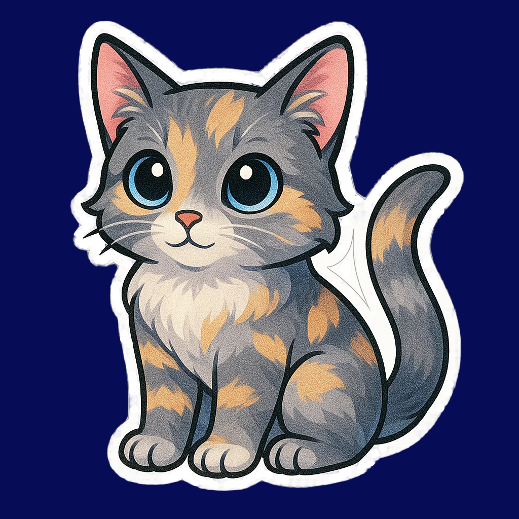 Cartoon cat with calico pattern on a white background