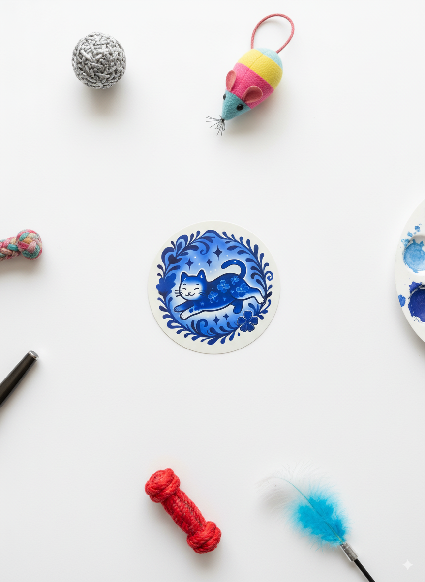 Blue Floral Cat Vinyl Sticker โ 3" Die-Cut Waterproof Sticker for Cat Lovers