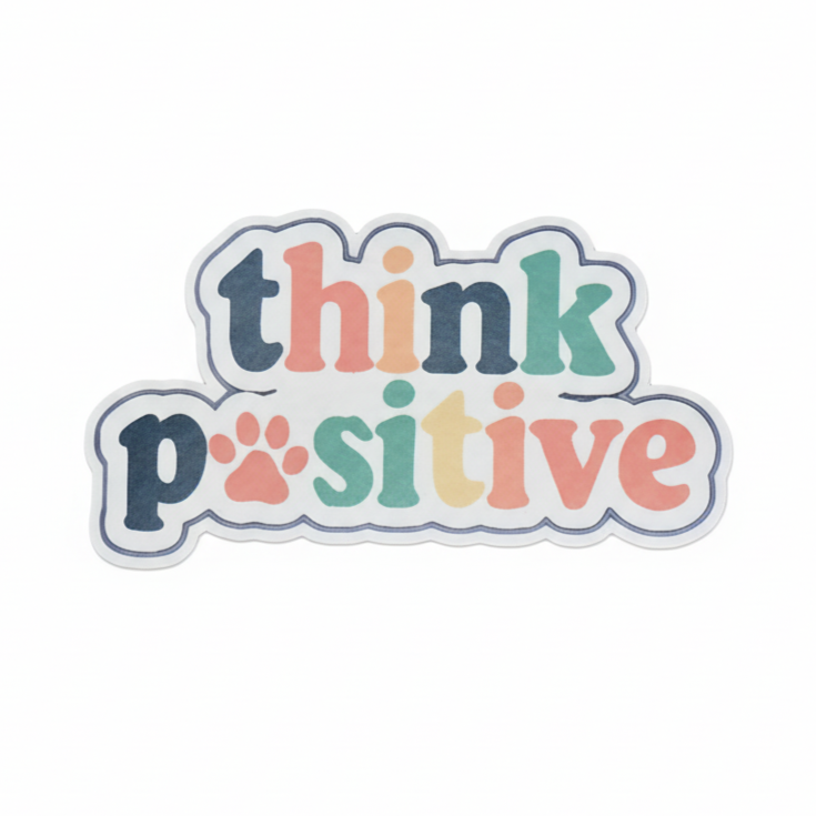 Colorful 'think positive' sticker on a white background