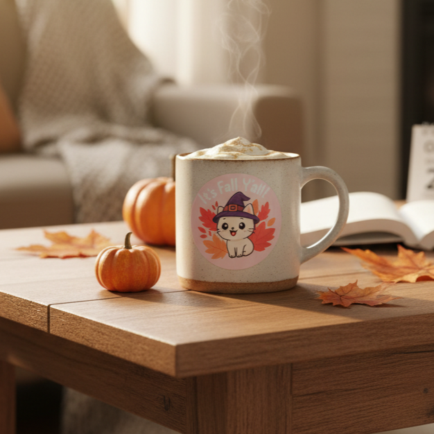 Cute white cat in witch hat with autumn leaves and text “It’s Fall Y’all” vinyl sticker