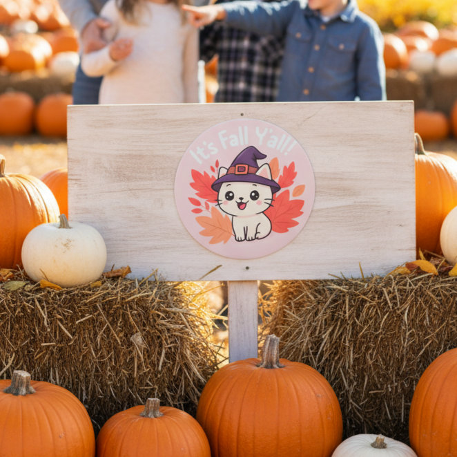 Cute white cat in witch hat with autumn leaves and text “It’s Fall Y’all” vinyl sticker
