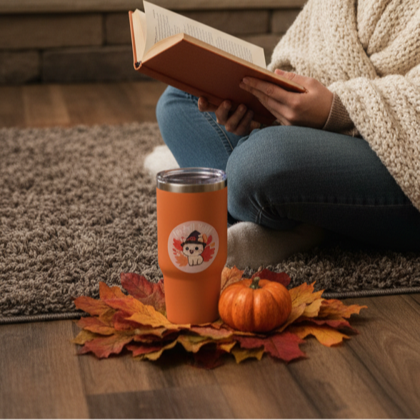 Cute white cat in witch hat with autumn leaves and text “It’s Fall Y’all” vinyl sticker