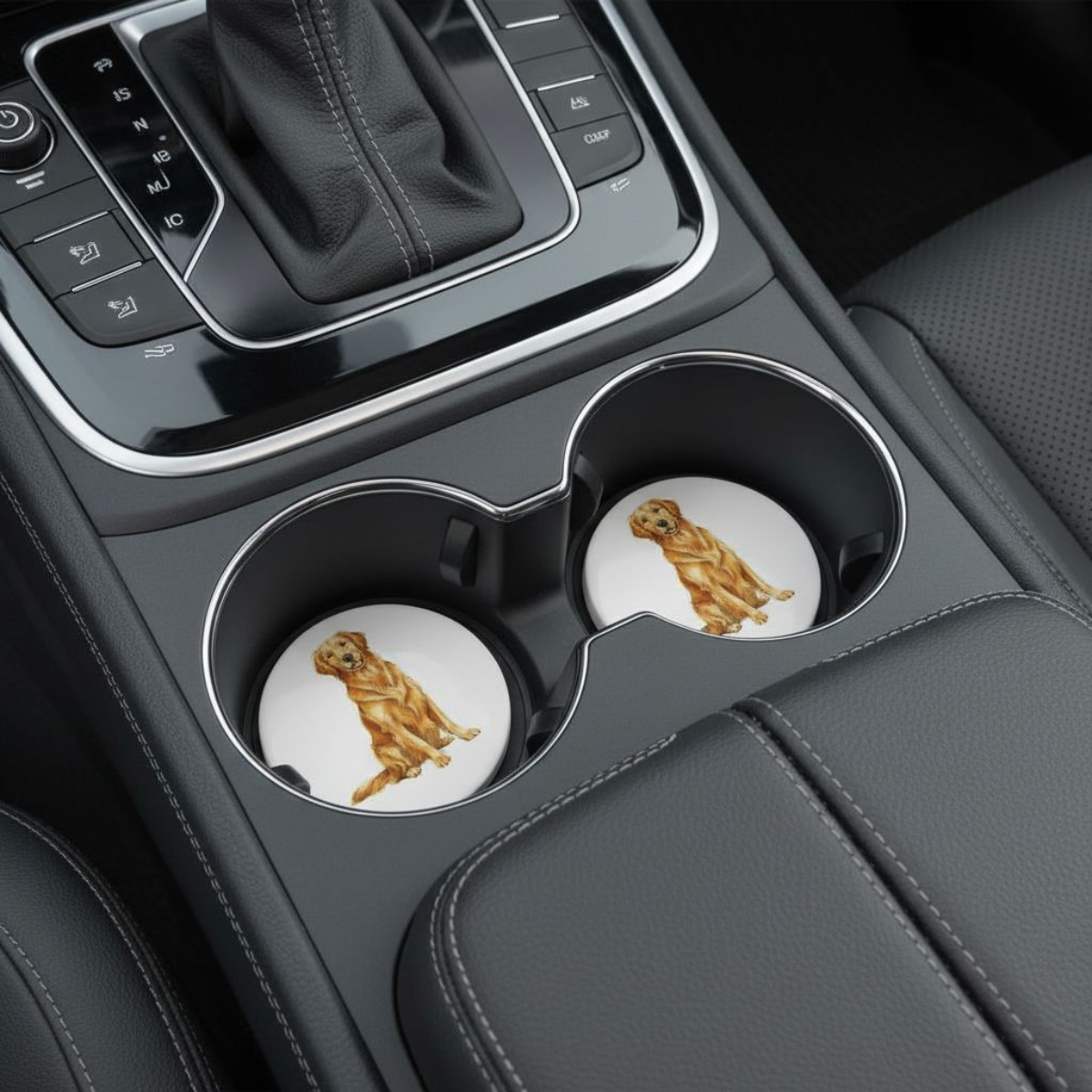 Dark Golden Retriever Car Coaster Set – Watercolor Style Dog Ceramic Cup Holder Coasters (Set of 2)