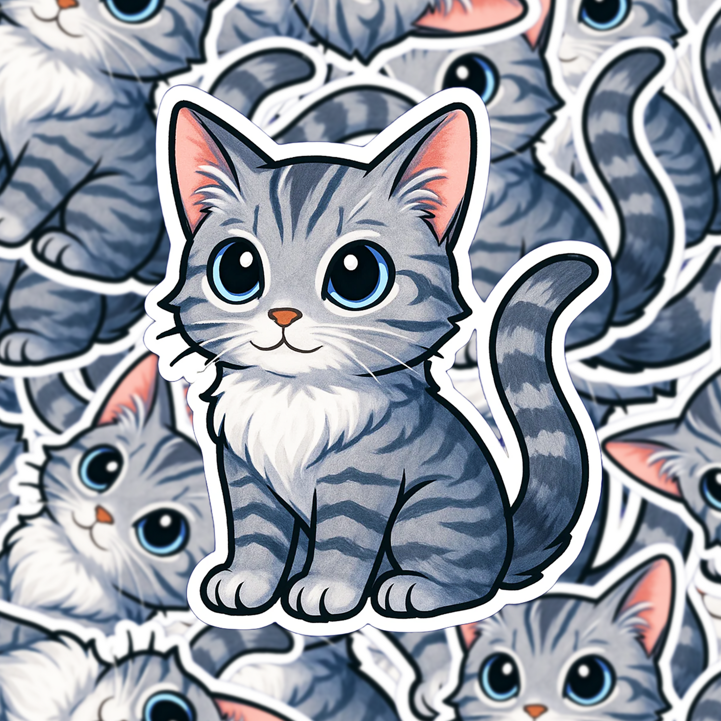 Gray Tabby Cat Sticker, Cute Chibi Kitty Vinyl Decal, Cat Lover Gift, Waterproof Laptop Sticker - Designs by Mysh