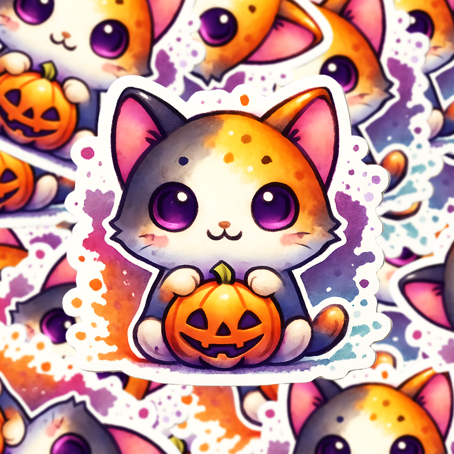 Kawaii Halloween Cat Sticker, Watercolor Calico Kitty with Pumpkin, Cute Spooky Vinyl Decal, Fall Aesthetic Sticker - Designs by Mysh