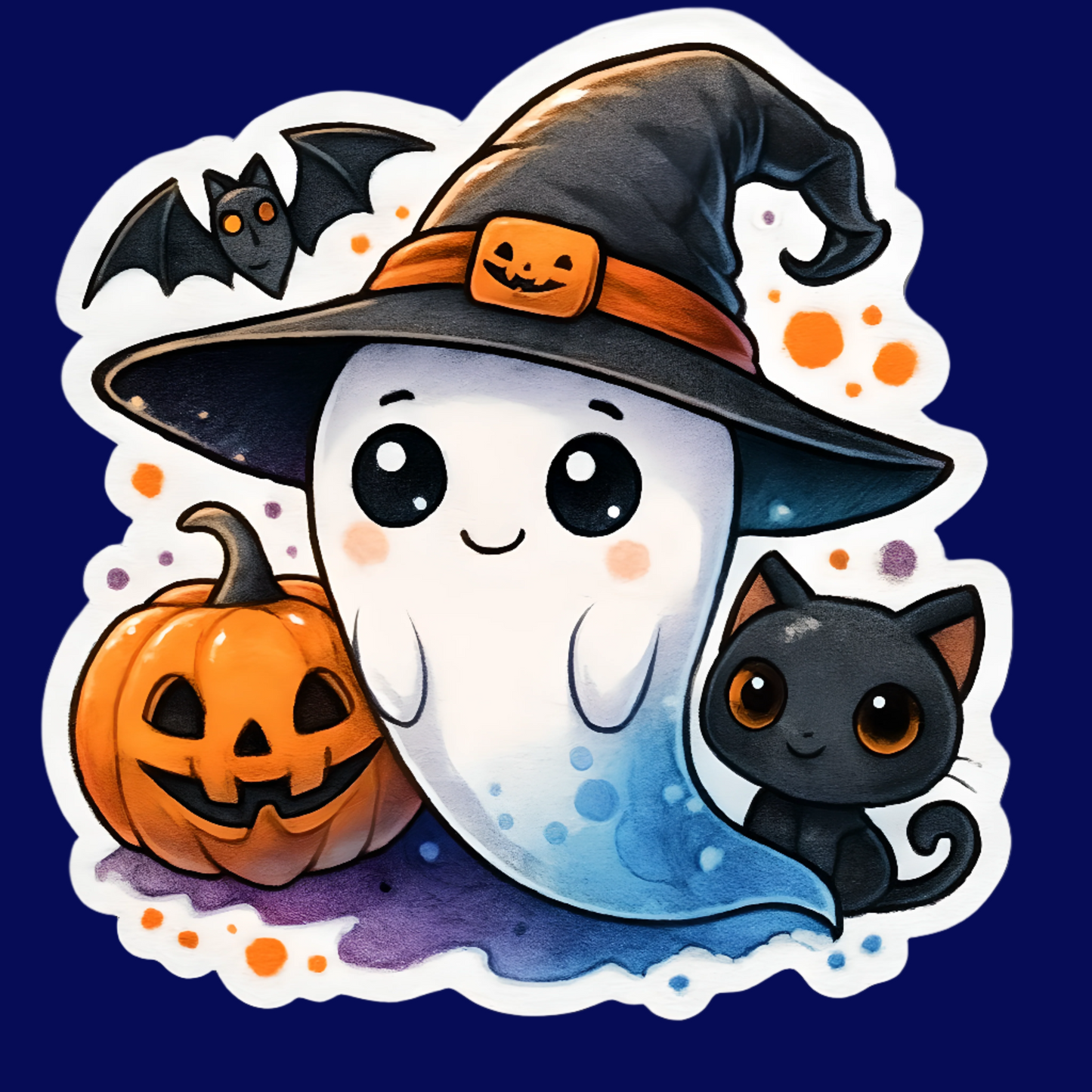 Halloween-themed sticker with ghost, pumpkin, and black cat wearing a witch hat on a white background.