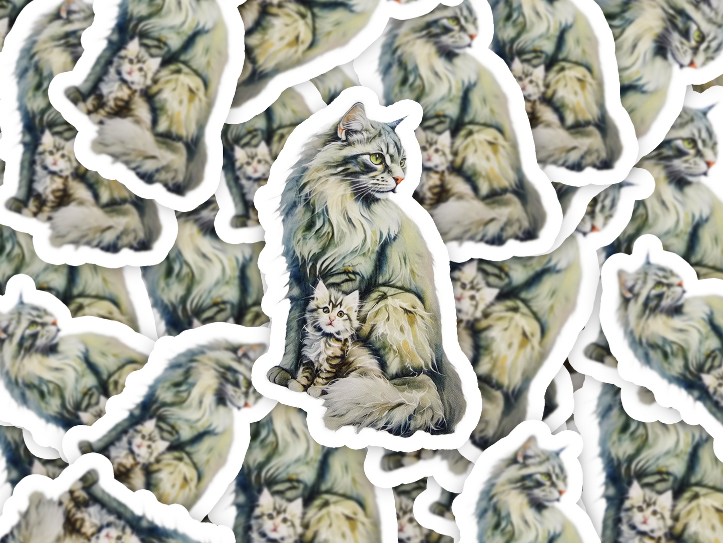 Norwegian Forest Cat Sticker, Fluffy Mama & Kitten Art, Vinyl Cat Decal, Cat Mom Gift, Laptop or Journal Decor
