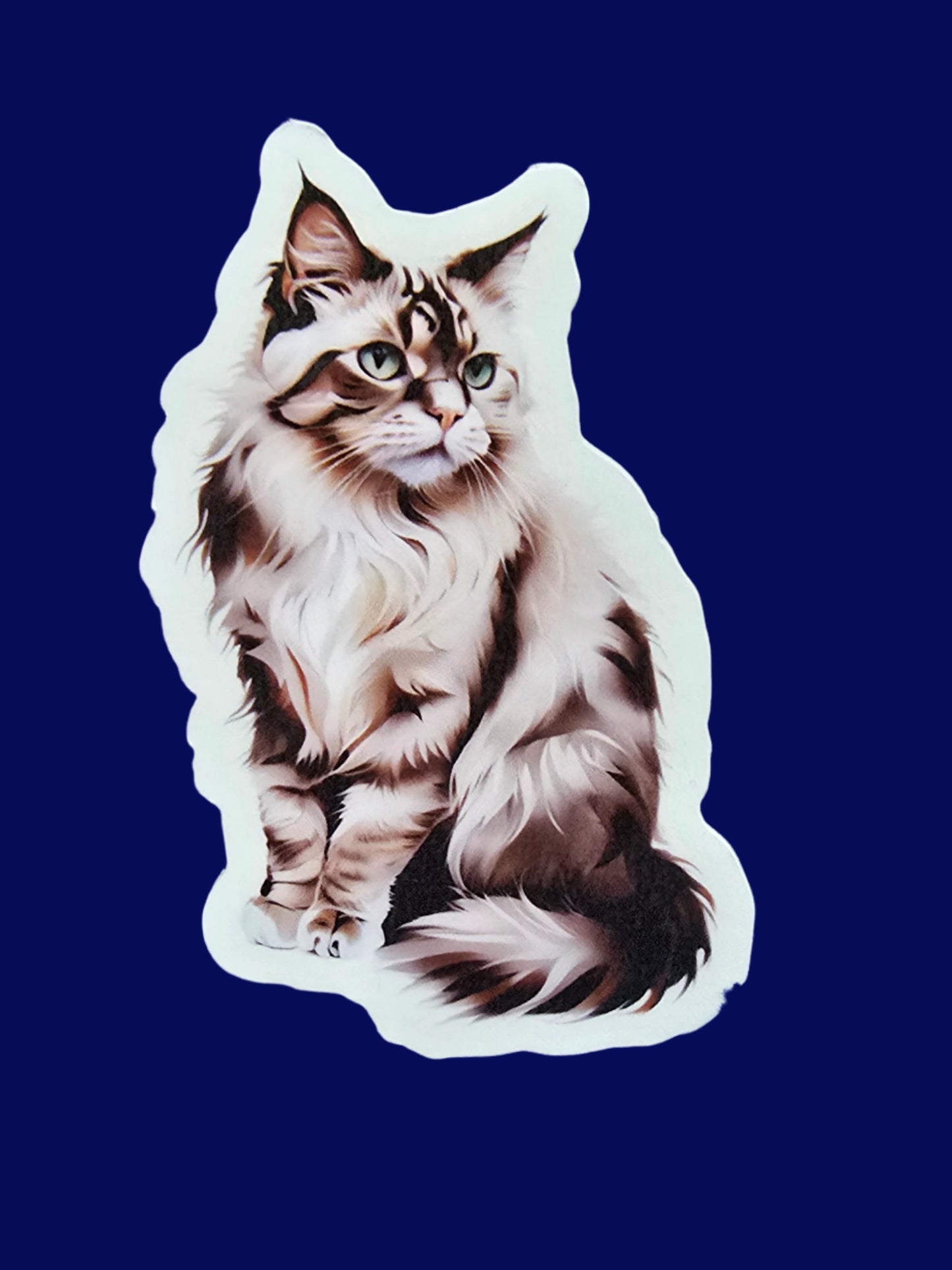 Sticker of a Ragmuffin cat lying down on a blue textured background