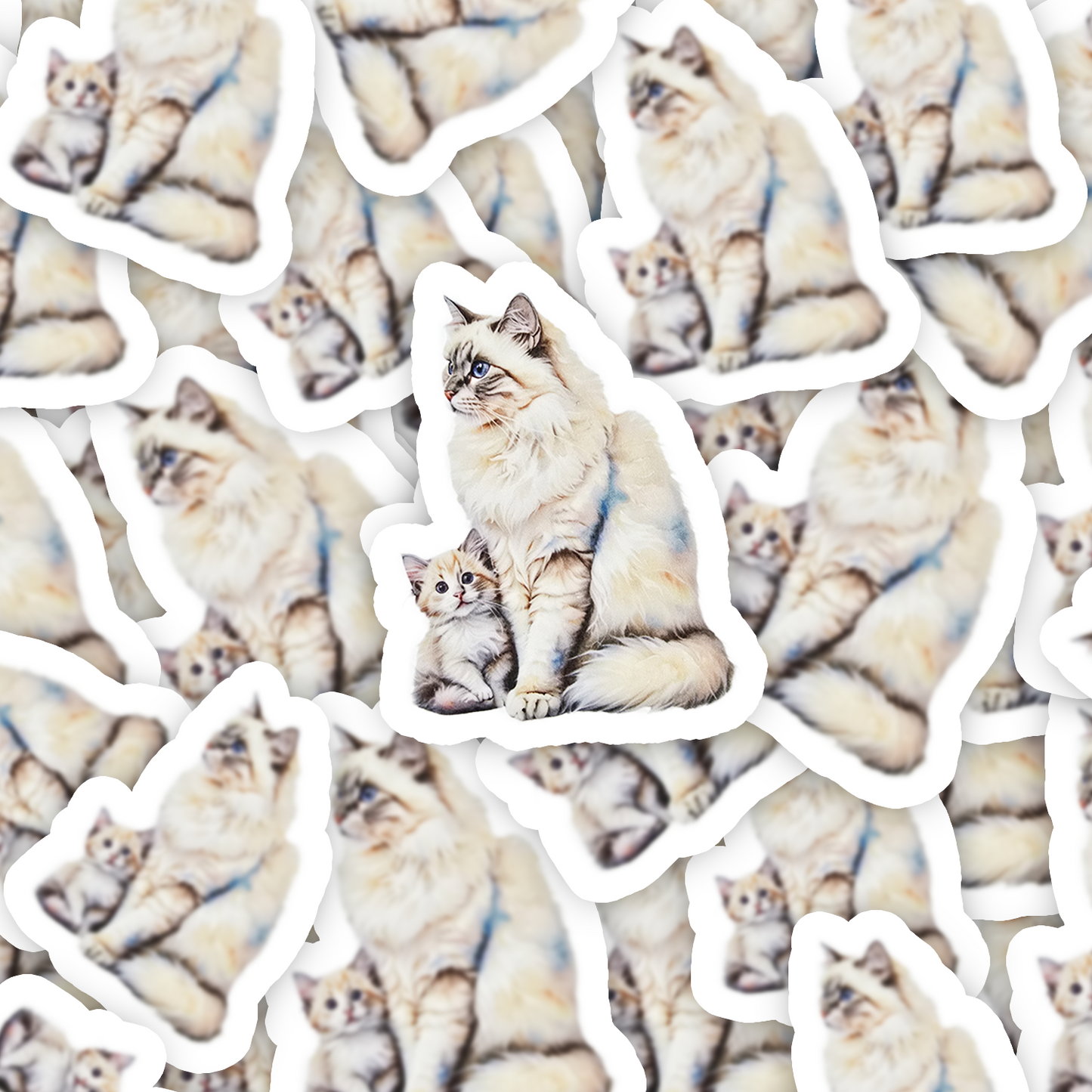 Siberian Cat Sticker, Fluffy Mama & Kitten Art, Water-resistant Vinyl Decal, Cat Mom Gift, Laptop or Journal Decor - Designs by Mysh