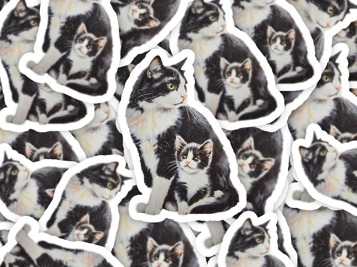 Tuxedo Short Hair Cat Sticker, Mama & Kitten Art, Cute Vinyl Cat Decal, Gift for Cat Moms, Laptop or Journal Decor