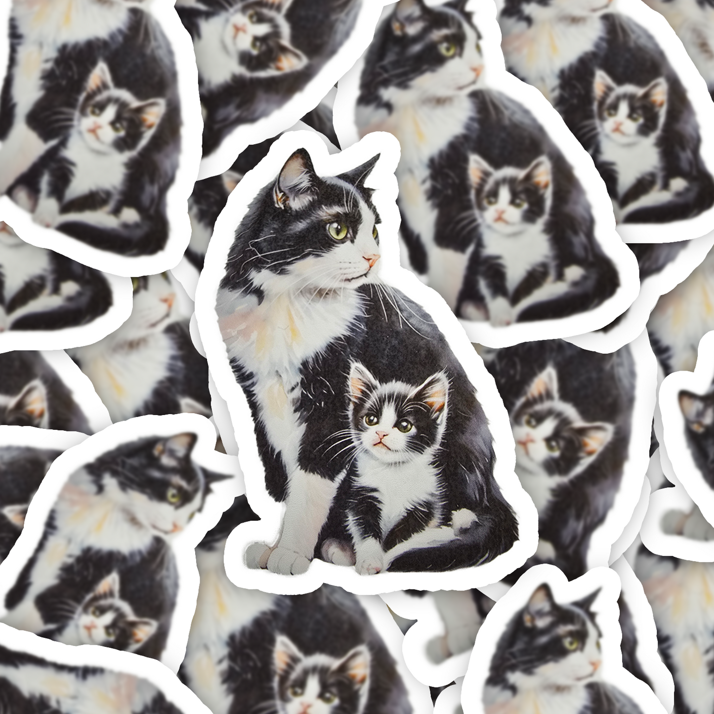 Tuxedo Short Hair Cat Sticker, Mama & Kitten Art, Cute Vinyl Cat Decal, Gift for Cat Moms, Laptop or Journal Decor - Designs by Mysh