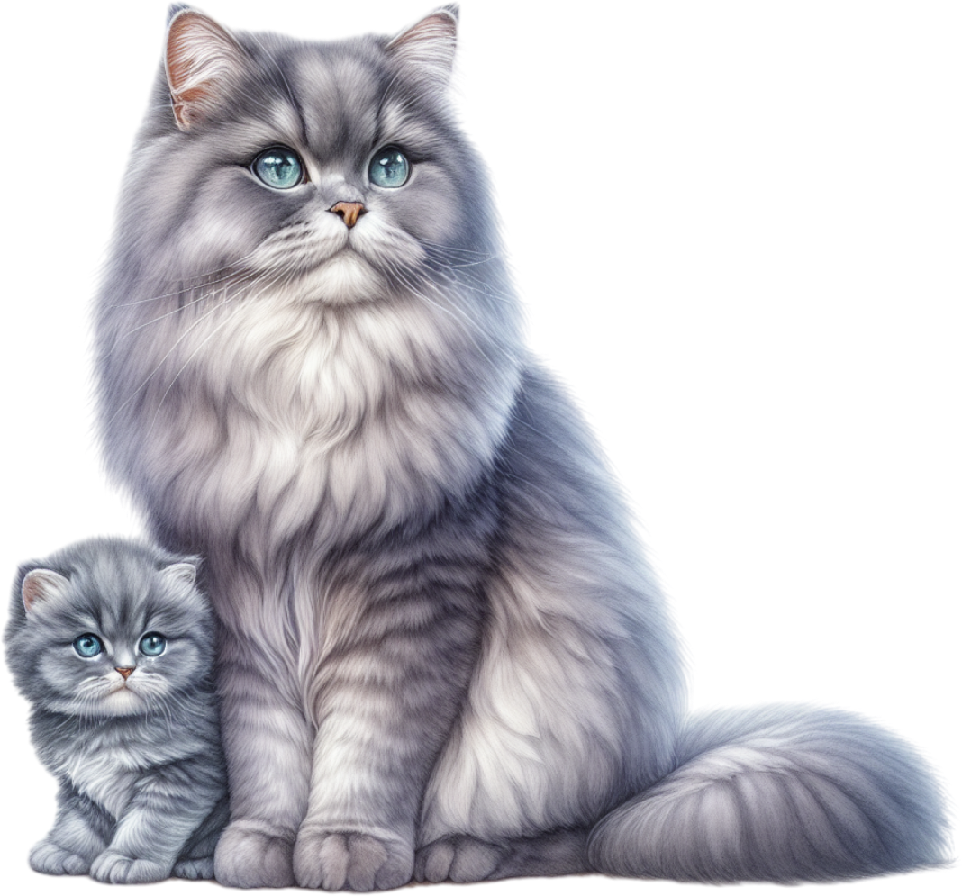 “Watercolor-style British Longhair cat and kitten sticker in shades of silver and gray with blue eyes, on a white background, vinyl finish.”