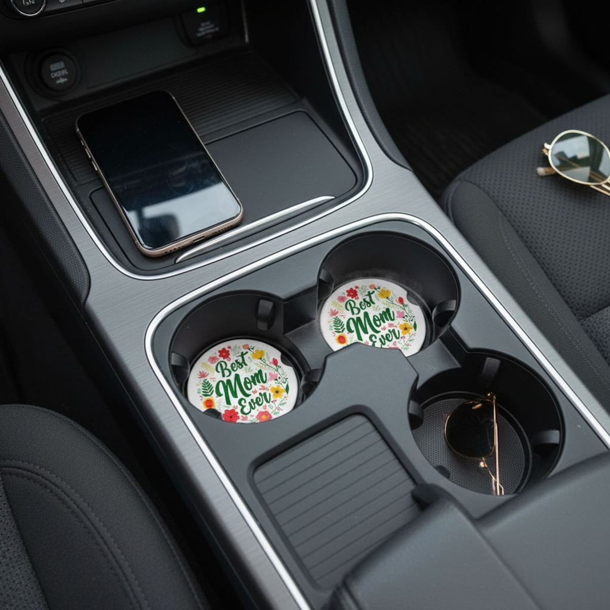 Best Mom Ever Ceramic Car Coaster set of 2, Floral Ceramic Car Accessory, Mother's Day Gift Idea, Absorbent Auto Cupholder Insert