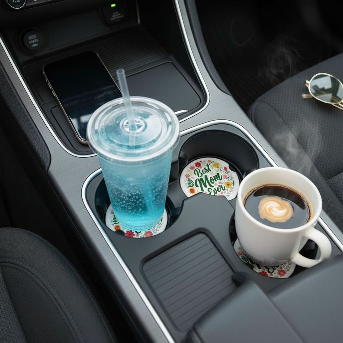 Best Mom Ever Ceramic Car Coaster set of 2, Floral Ceramic Car Accessory, Mother's Day Gift Idea, Absorbent Auto Cupholder Insert