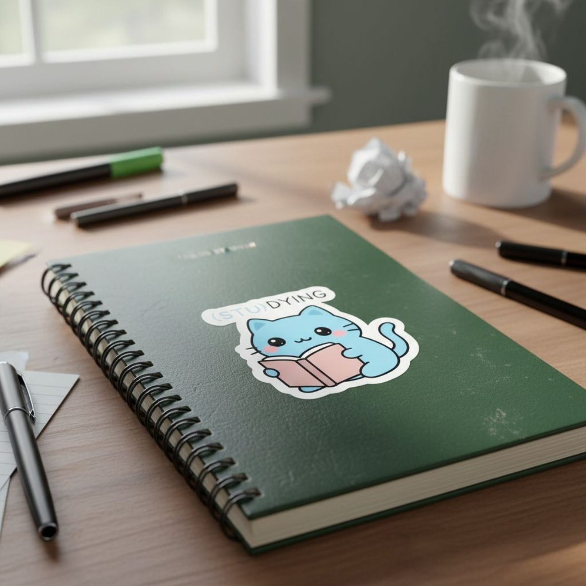 (STU)DYING Blue Cat Sticker – Funny Kawaii Study Cat Vinyl Sticker – 3" Die-Cut, Water-Resistant Student Gift
