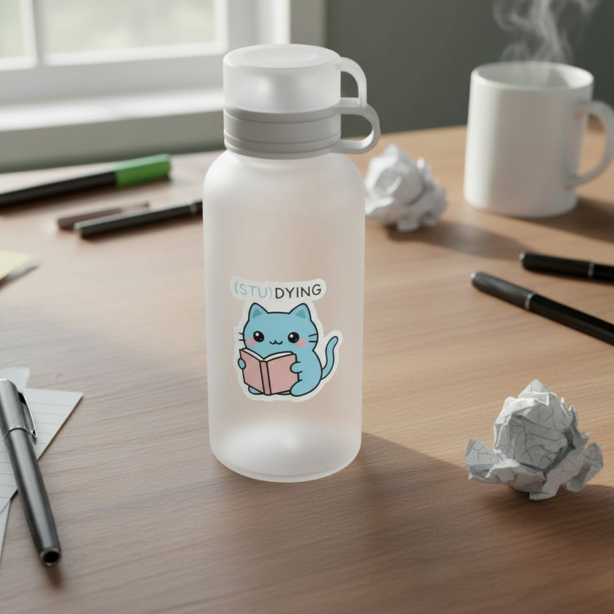 (STU)DYING Blue Cat Sticker – Funny Kawaii Study Cat Vinyl Sticker – 3" Die-Cut, Water-Resistant Student Gift
