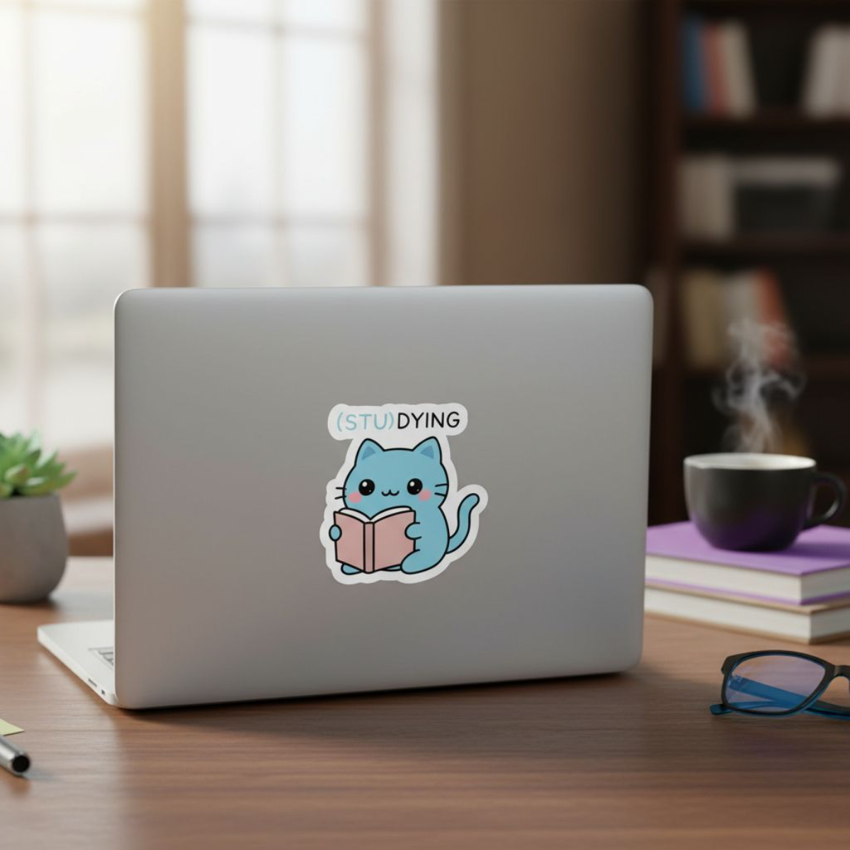 (STU)DYING Blue Cat Sticker – Funny Kawaii Study Cat Vinyl Sticker – 3" Die-Cut, Water-Resistant Student Gift