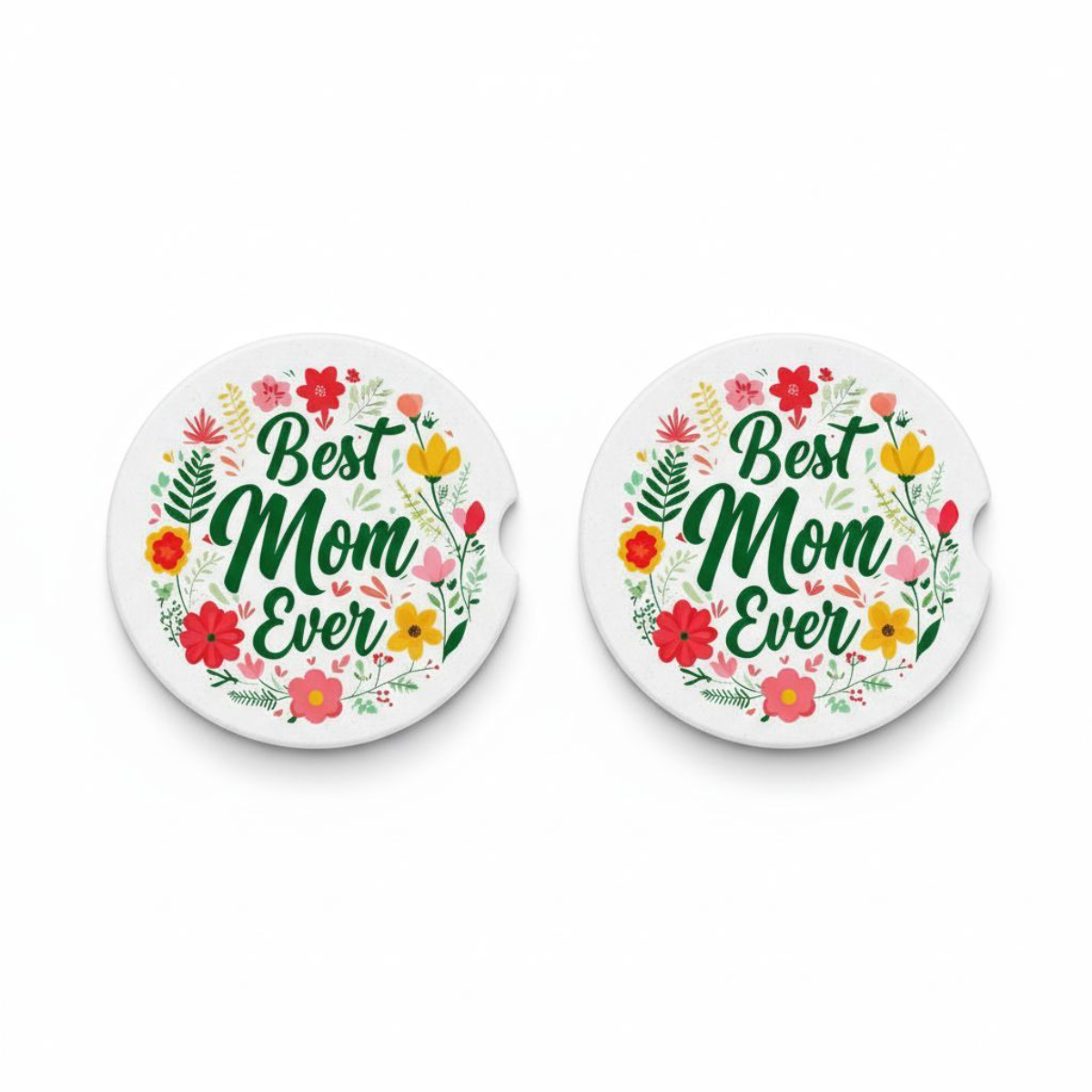Best Mom Ever Ceramic Car Coaster set of 2, Floral Ceramic Car Accessory, Mother's Day Gift Idea, Absorbent Auto Cupholder Insert
