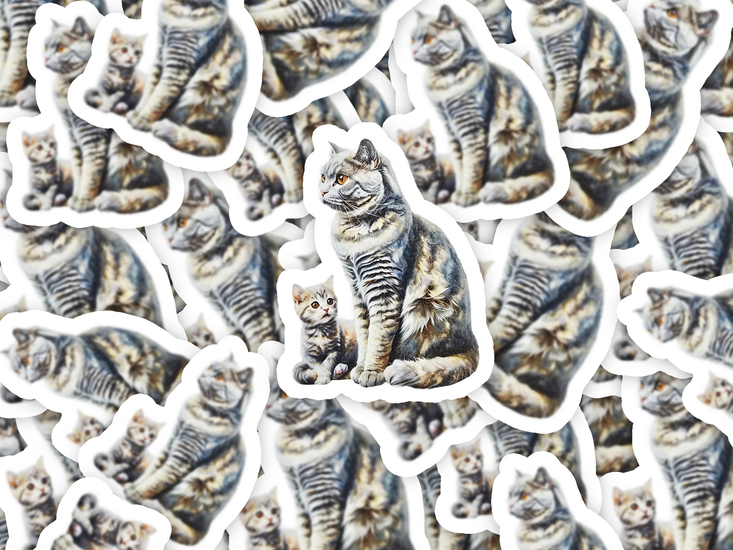 Tabby Cat Sticker, Mama & Kitten Watercolor Art, Vinyl Cat Decal, Cute Gift for Cat Moms, Laptop or Journal