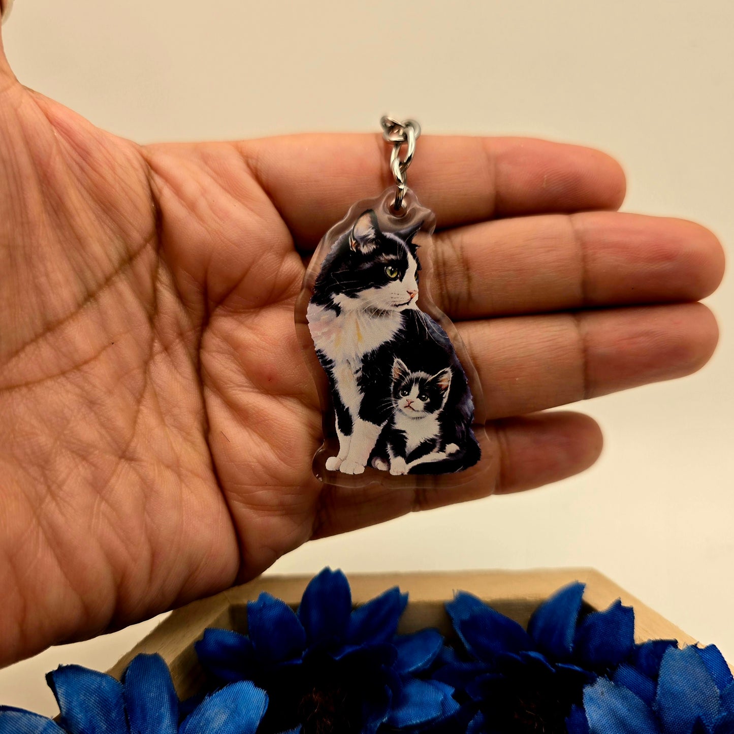 Tuxedo Cat and Kitten Keychain, Black & White Cat Charm, Acrylic Pet Gift, Cute Cat Mom Key Ring