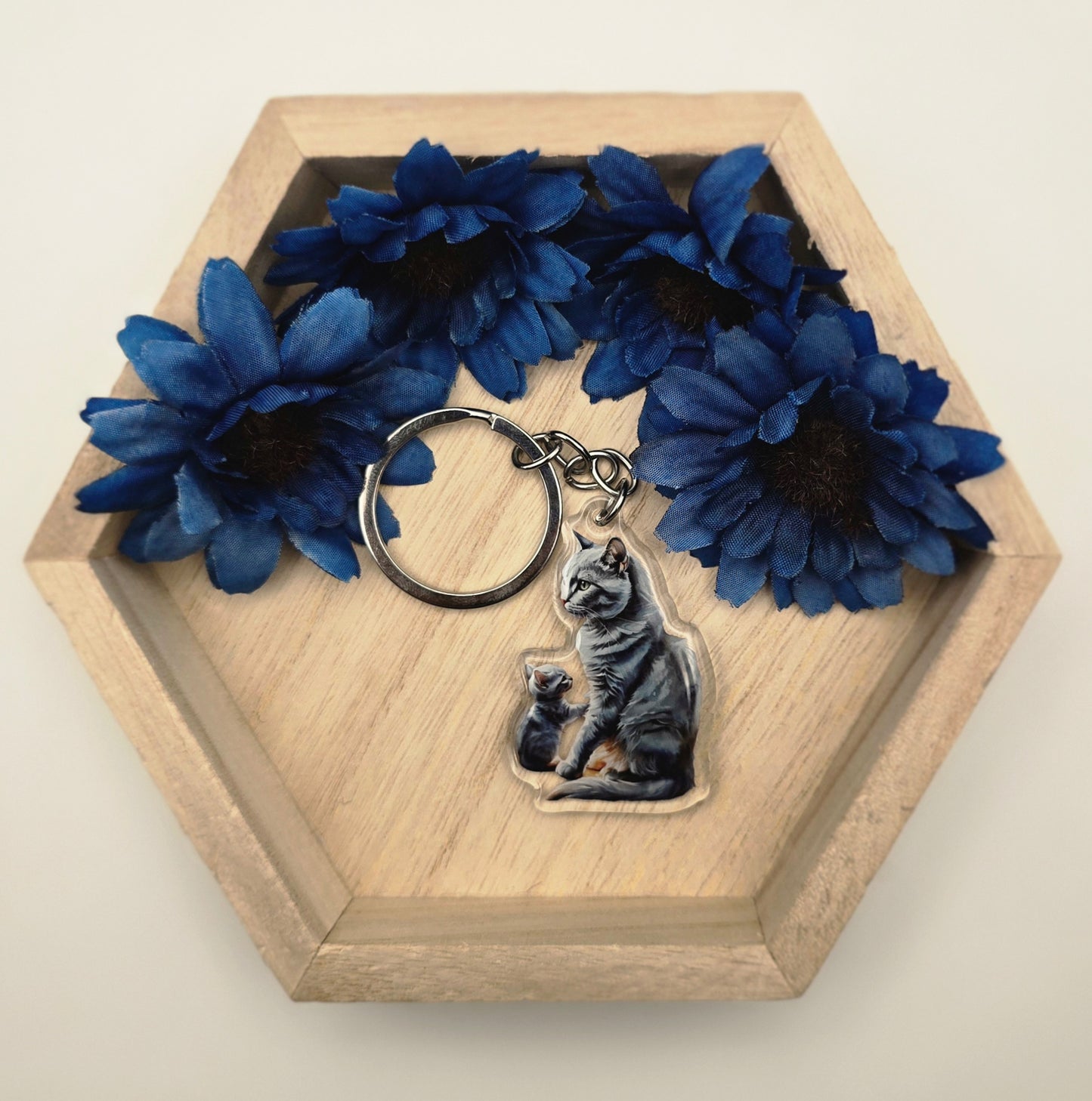 Russian Blue Cat and Kitten Keychain, Acrylic Cat Mom Charm, Gray Cat Lover Gift, Pet Key Ring