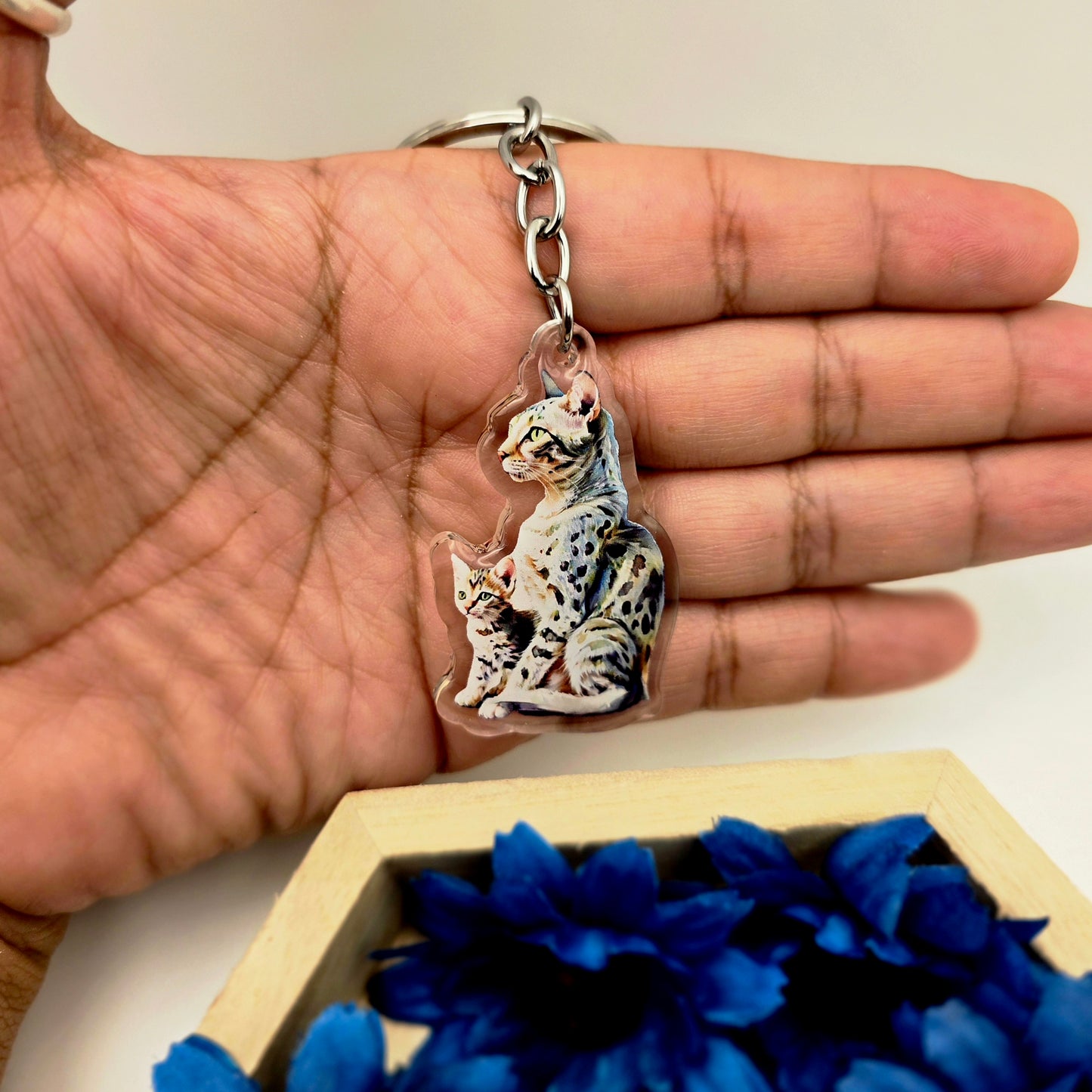 Egyptian Mau Cat and Kitten Keychain, Spotted Cat Acrylic Charm, Cat Lover Gift, Pet Mom Key Ring